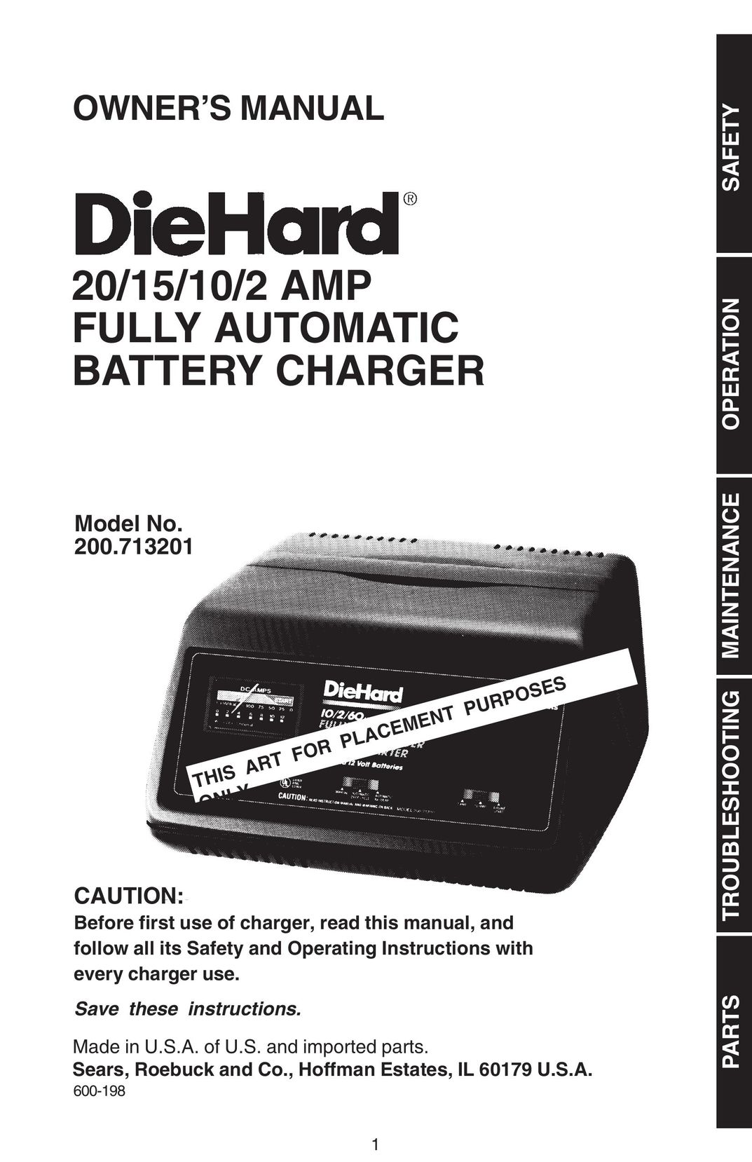 Sears 200.713201 Battery Charger User Manual