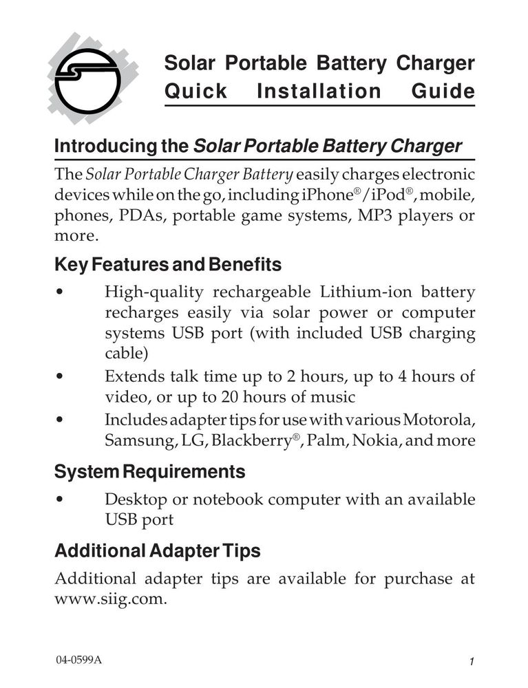 SIIG 04-0599A Battery Charger User Manual