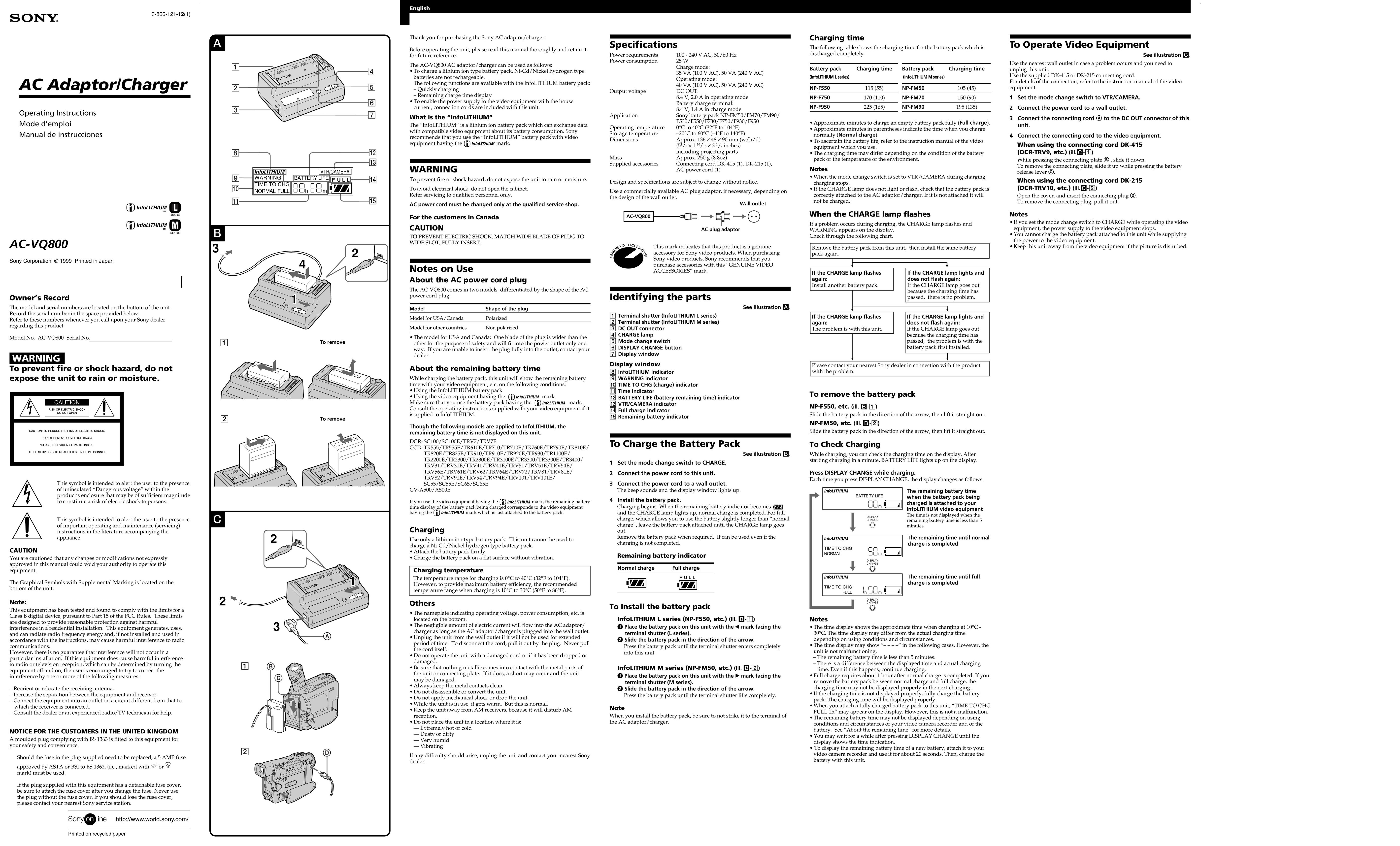 Sony AC VQ800 Battery Charger User Manual