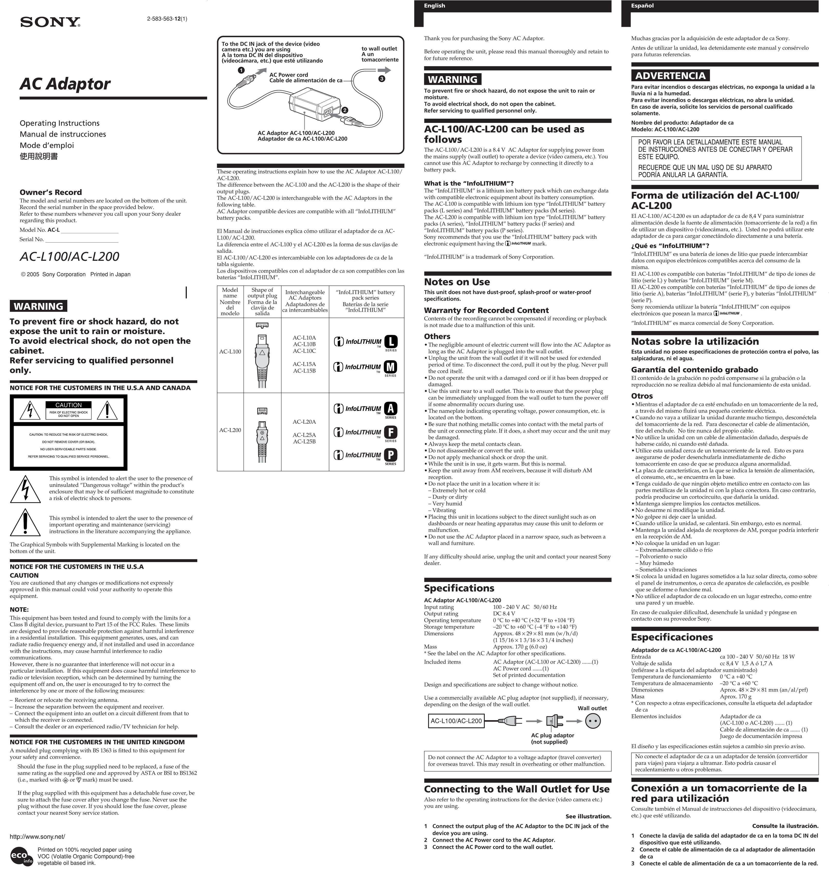 Sony AC-L200 Battery Charger User Manual
