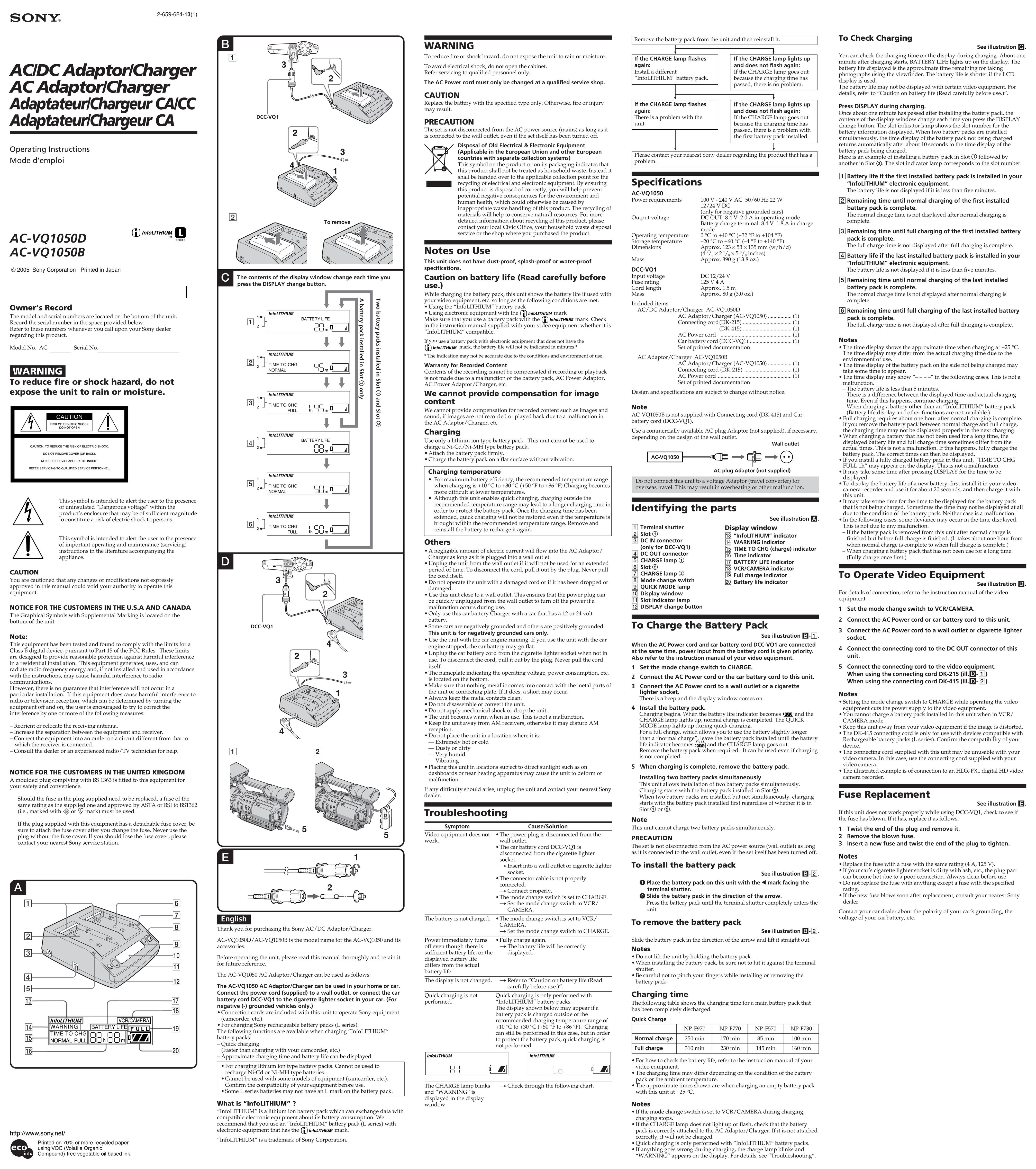Sony AC-VQ1050D Battery Charger User Manual
