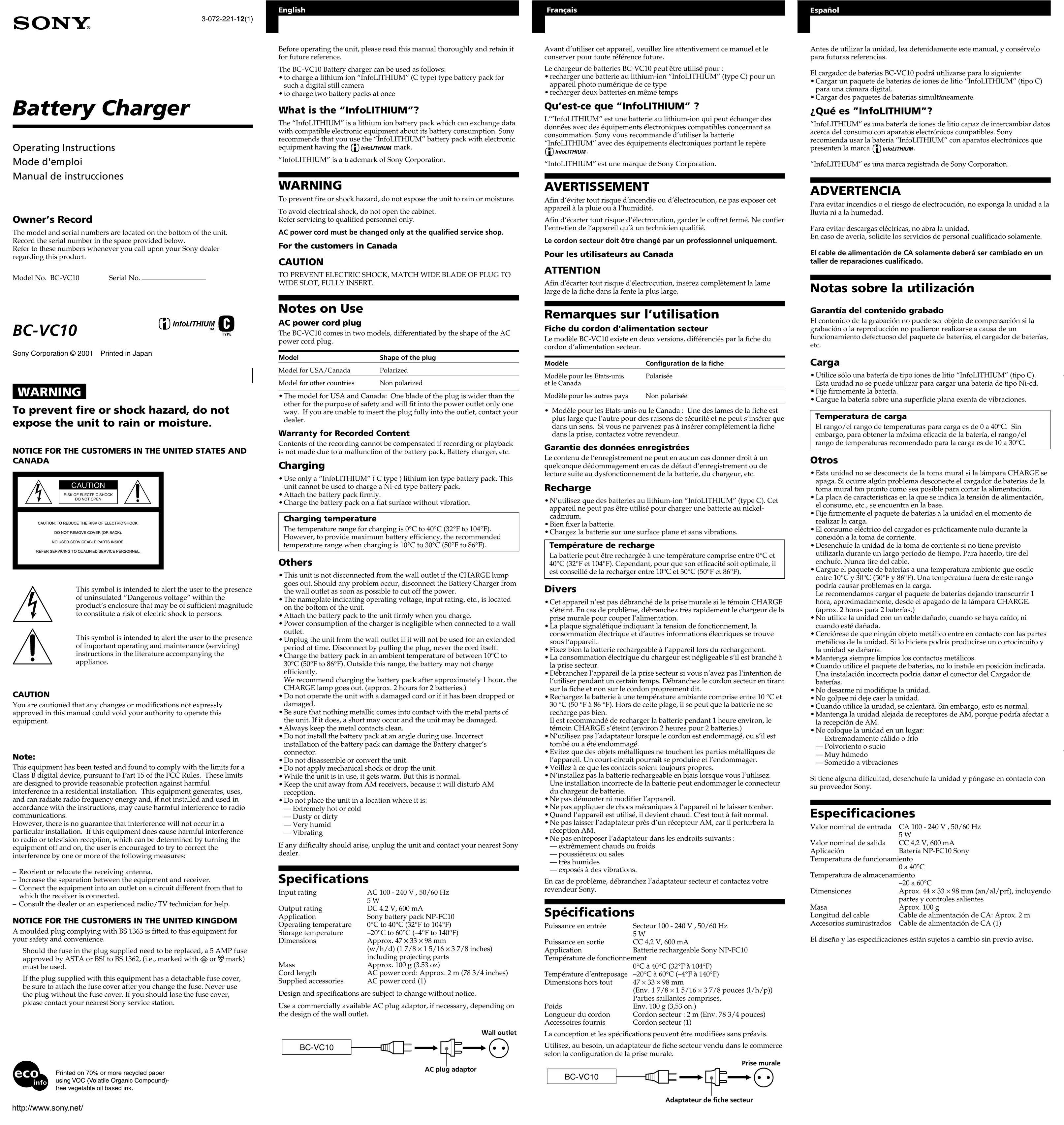 Sony BC VC10 Battery Charger User Manual