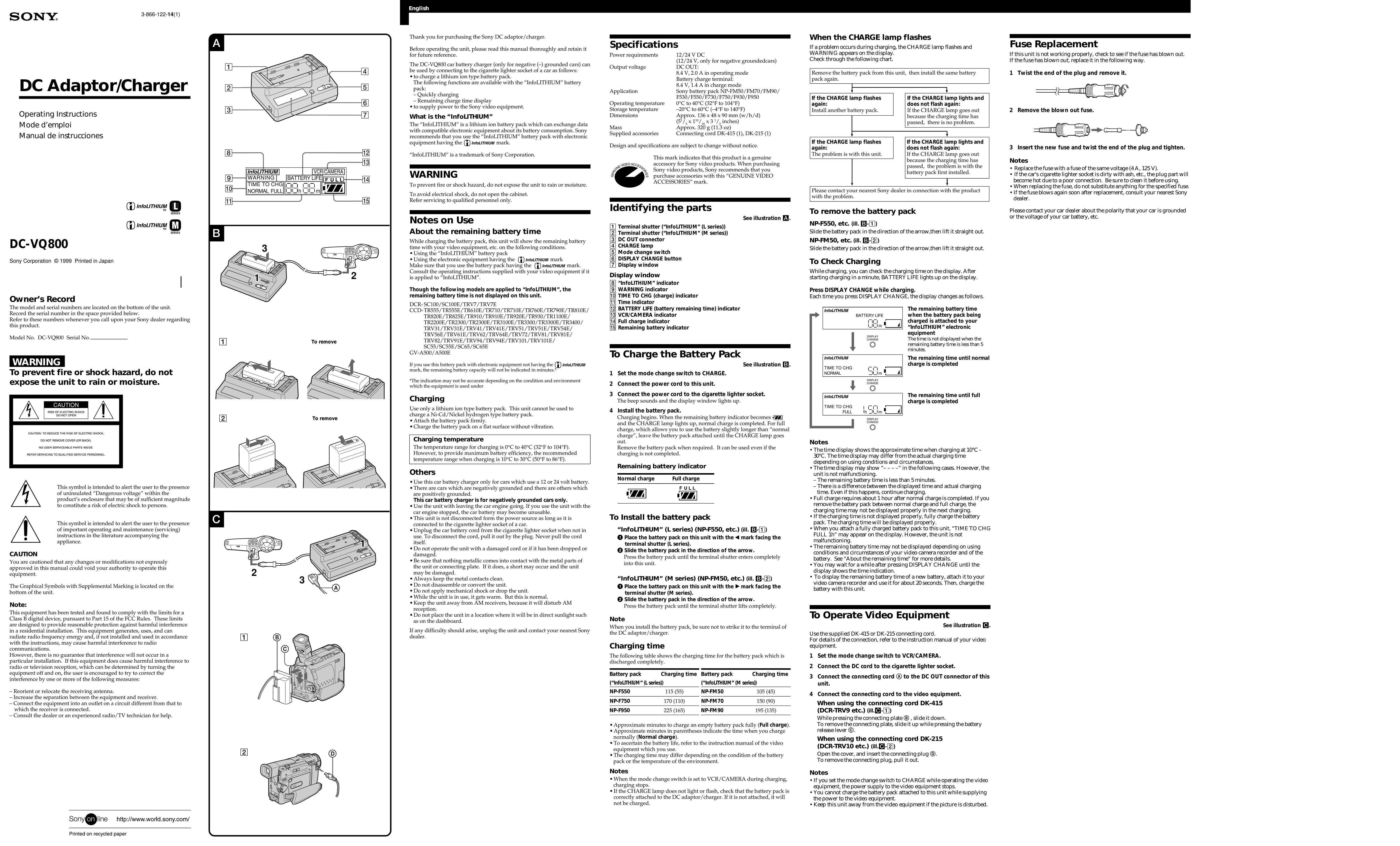 Sony DC-VQ800 Battery Charger User Manual