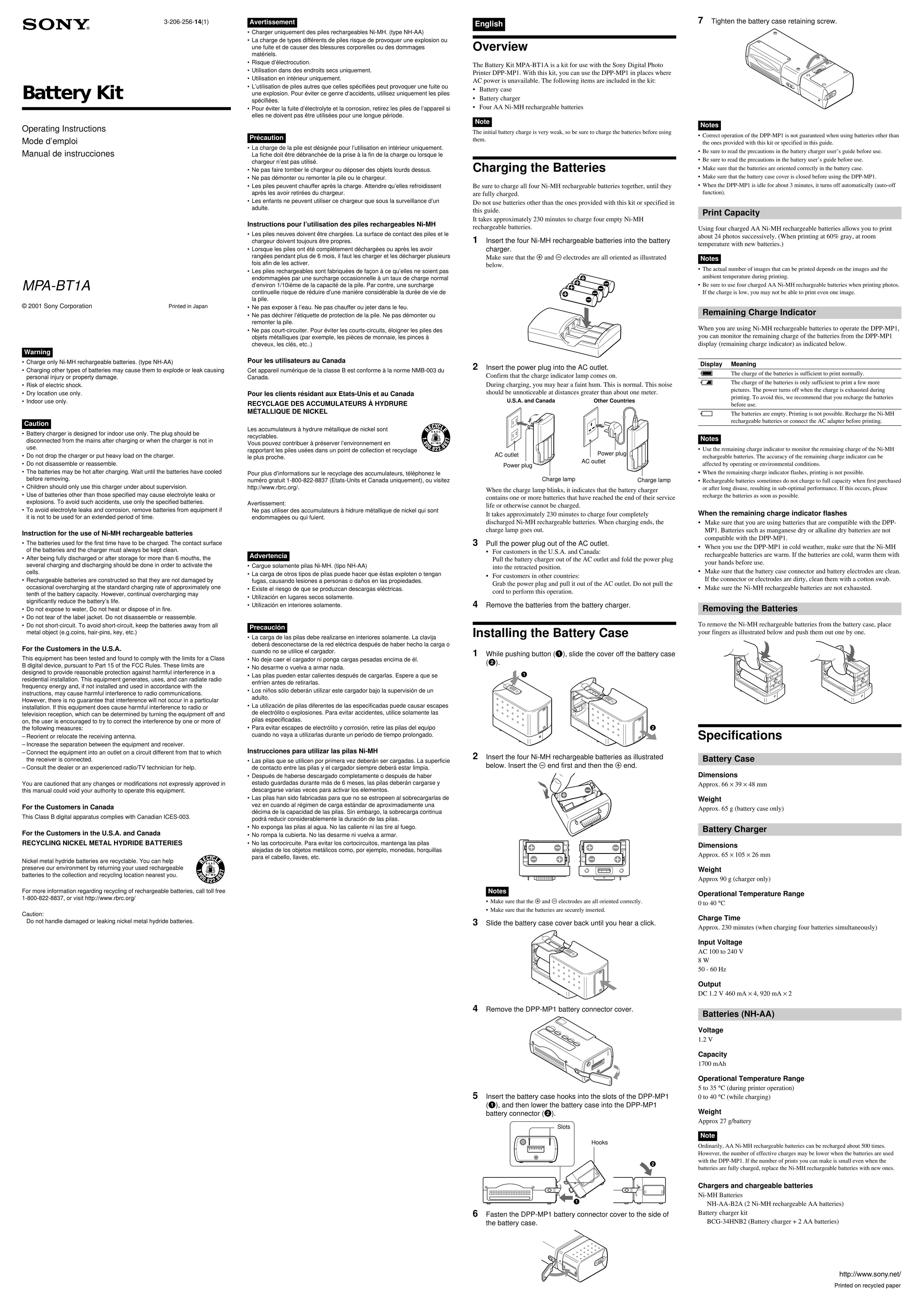Sony MPA-BT1A Battery Charger User Manual