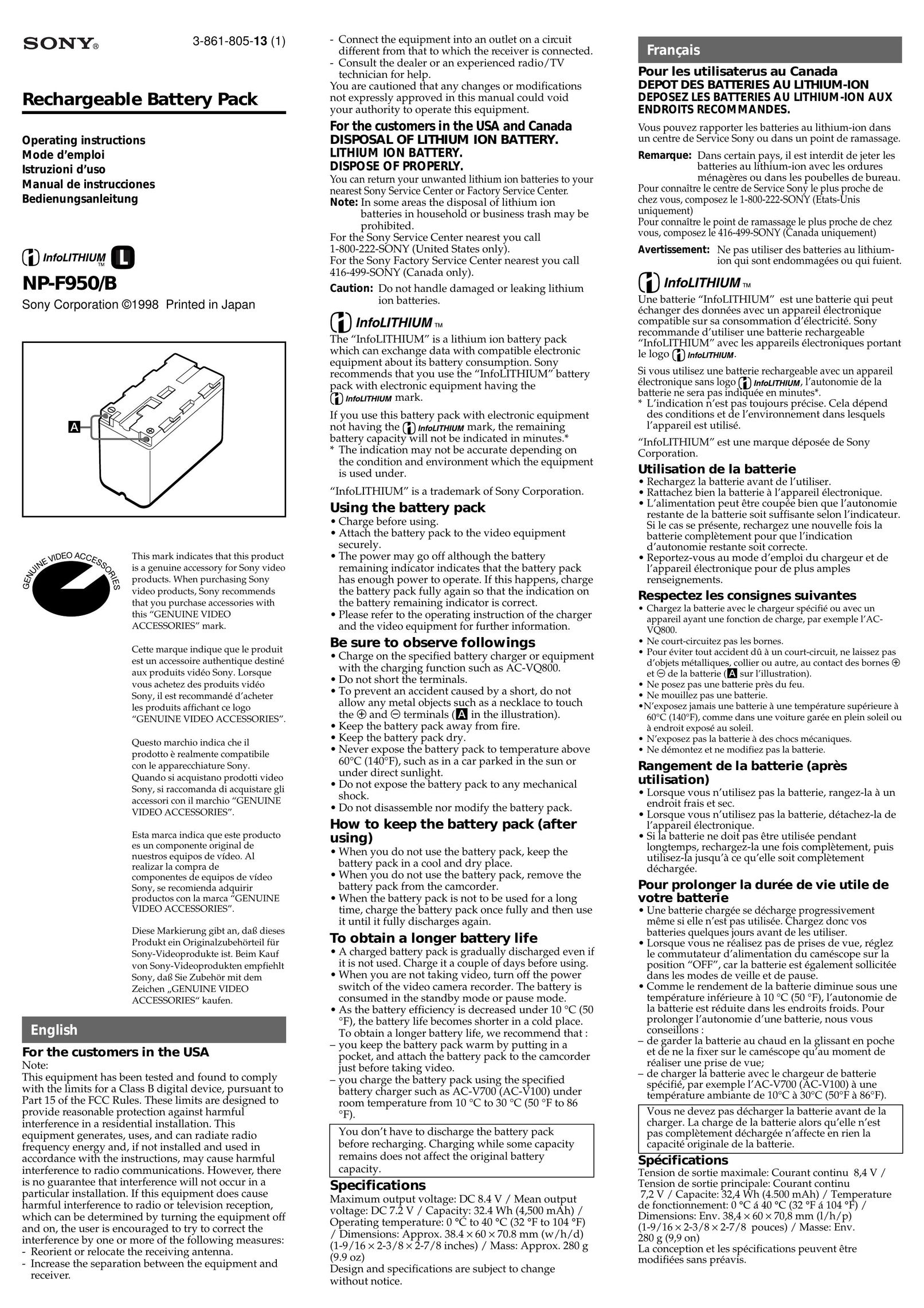 Sony NP-F950/B Battery Charger User Manual
