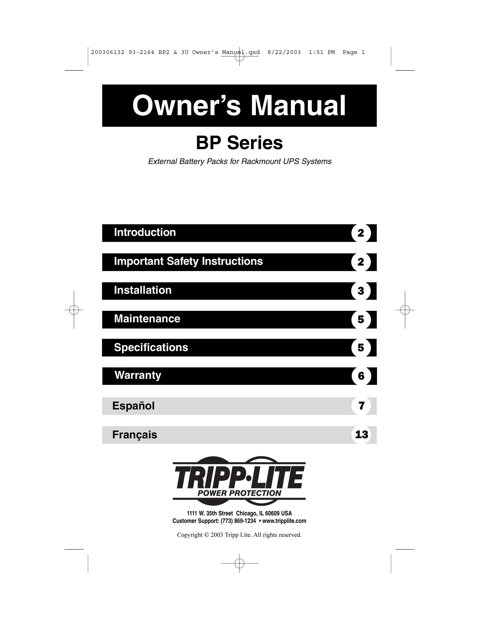 Tripp Lite BP48V75-6U Battery Charger User Manual