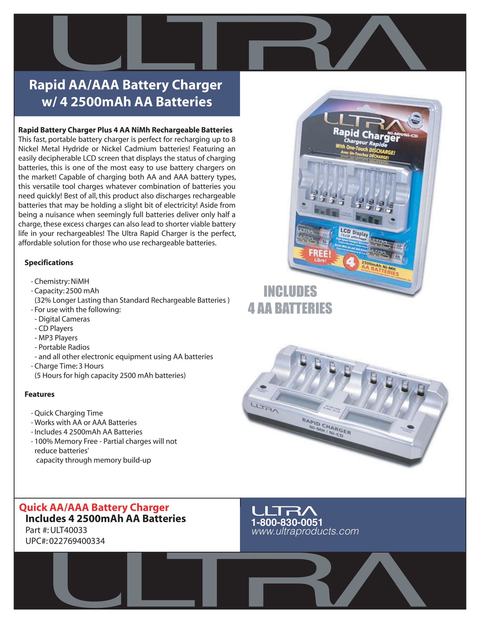 Ultra Products ULT40033 Battery Charger User Manual