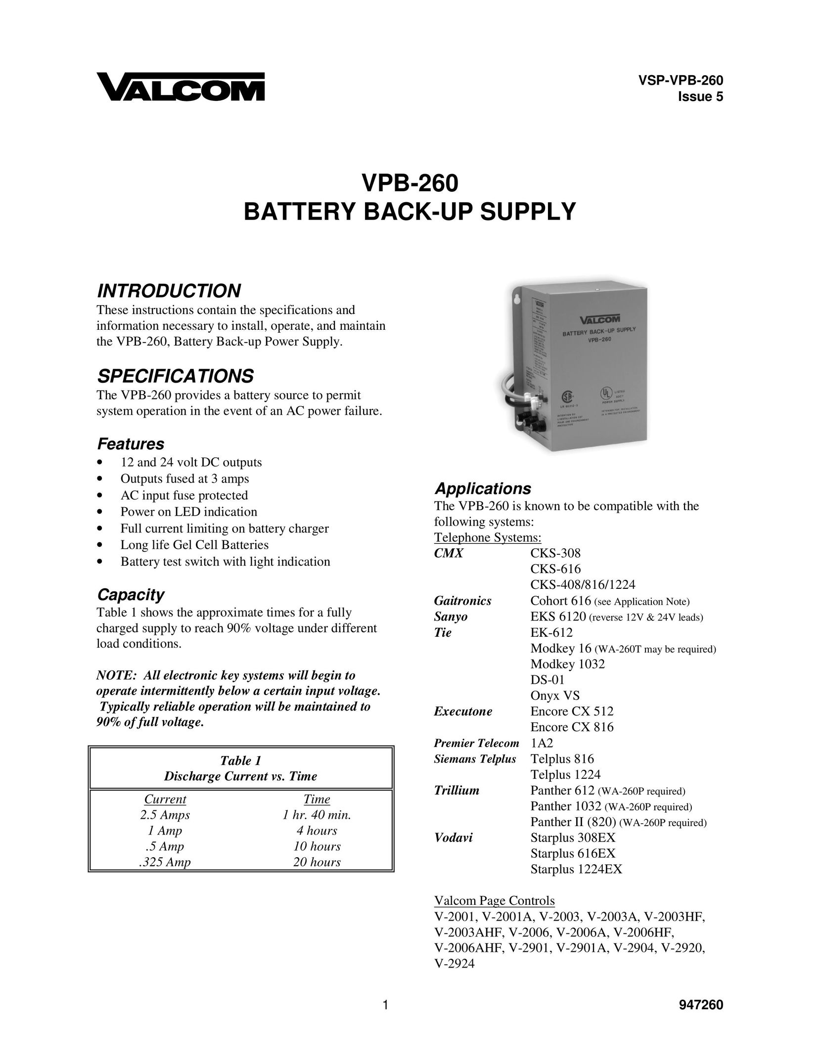 Valcom VPB-260 Battery Charger User Manual