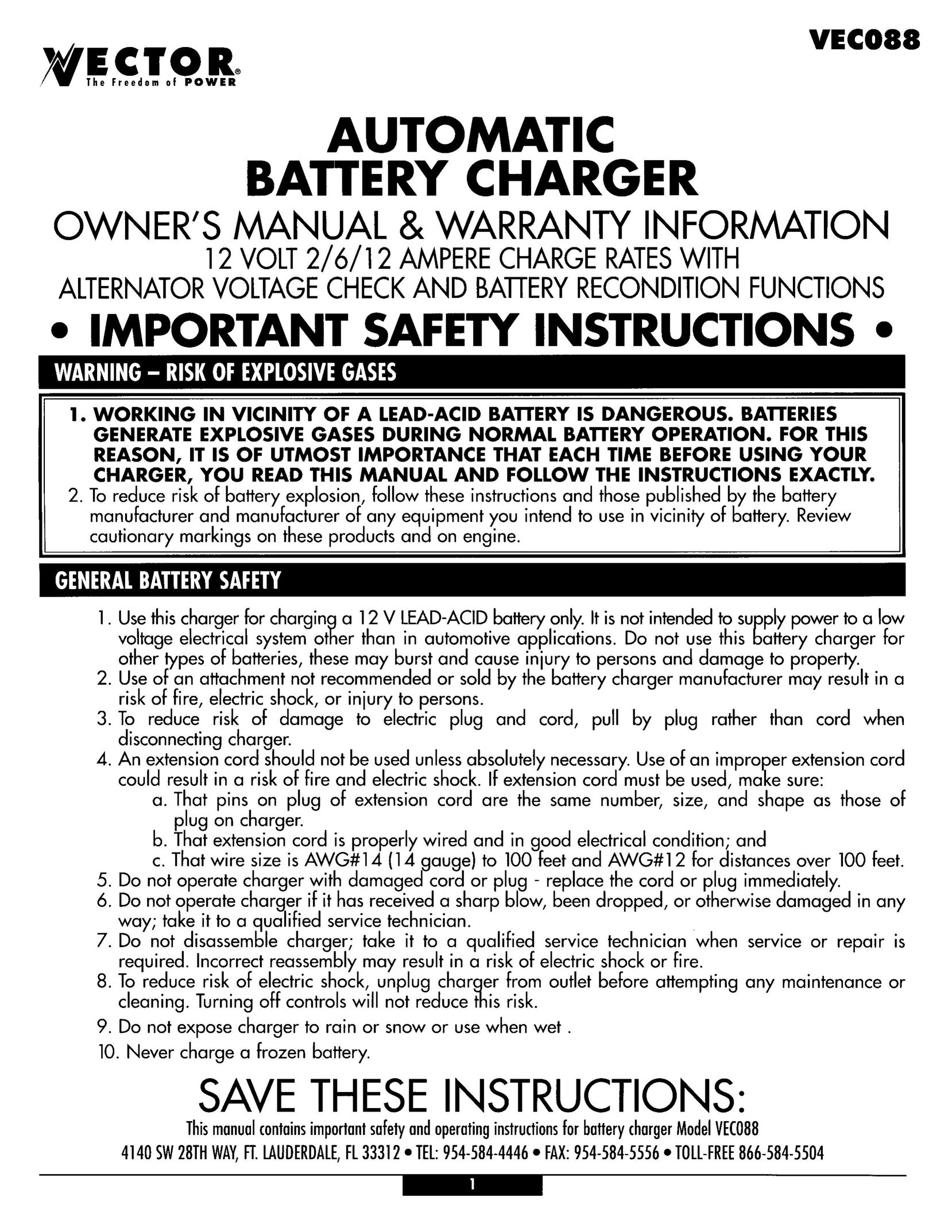 Vector Automatic Battery Charger Battery Charger User Manual