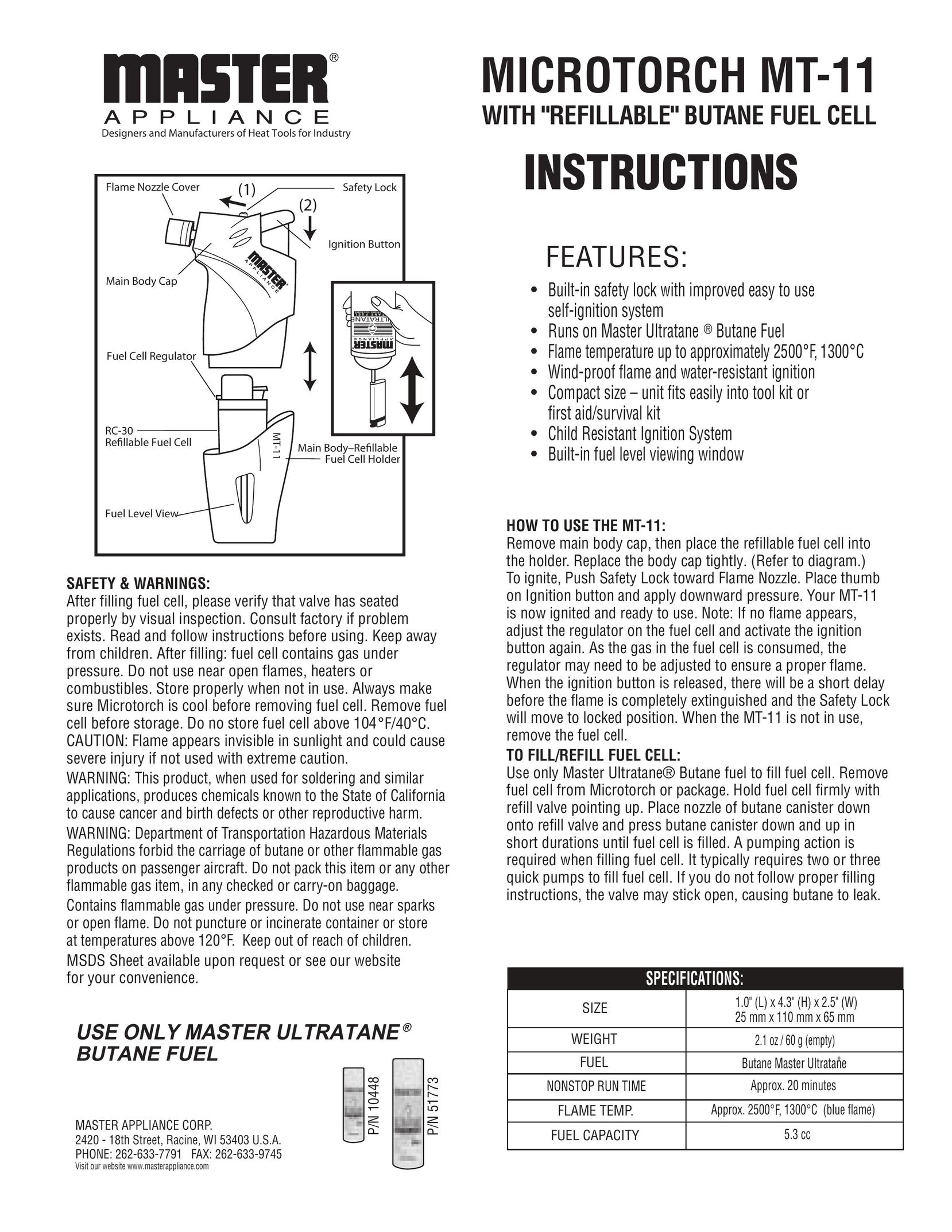 Master Appliance MT-11 Blowtorch User Manual