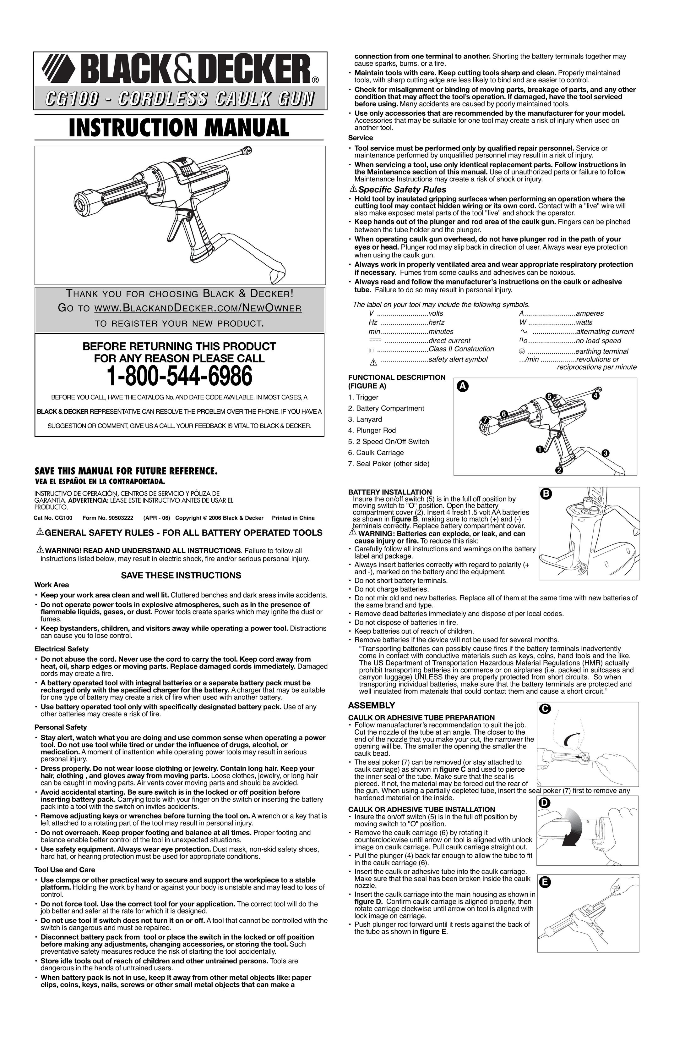 Black & Decker CG100 Caulking Gun User Manual