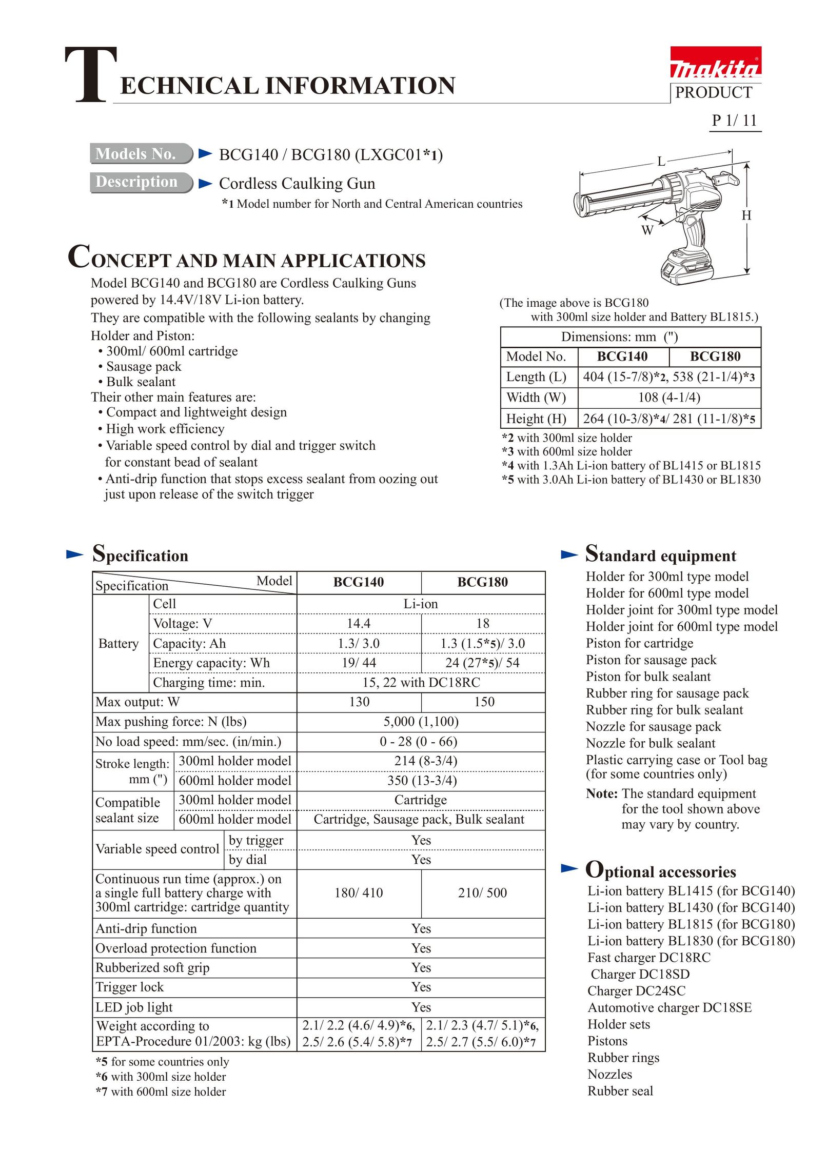 Makita BCG180 Caulking Gun User Manual