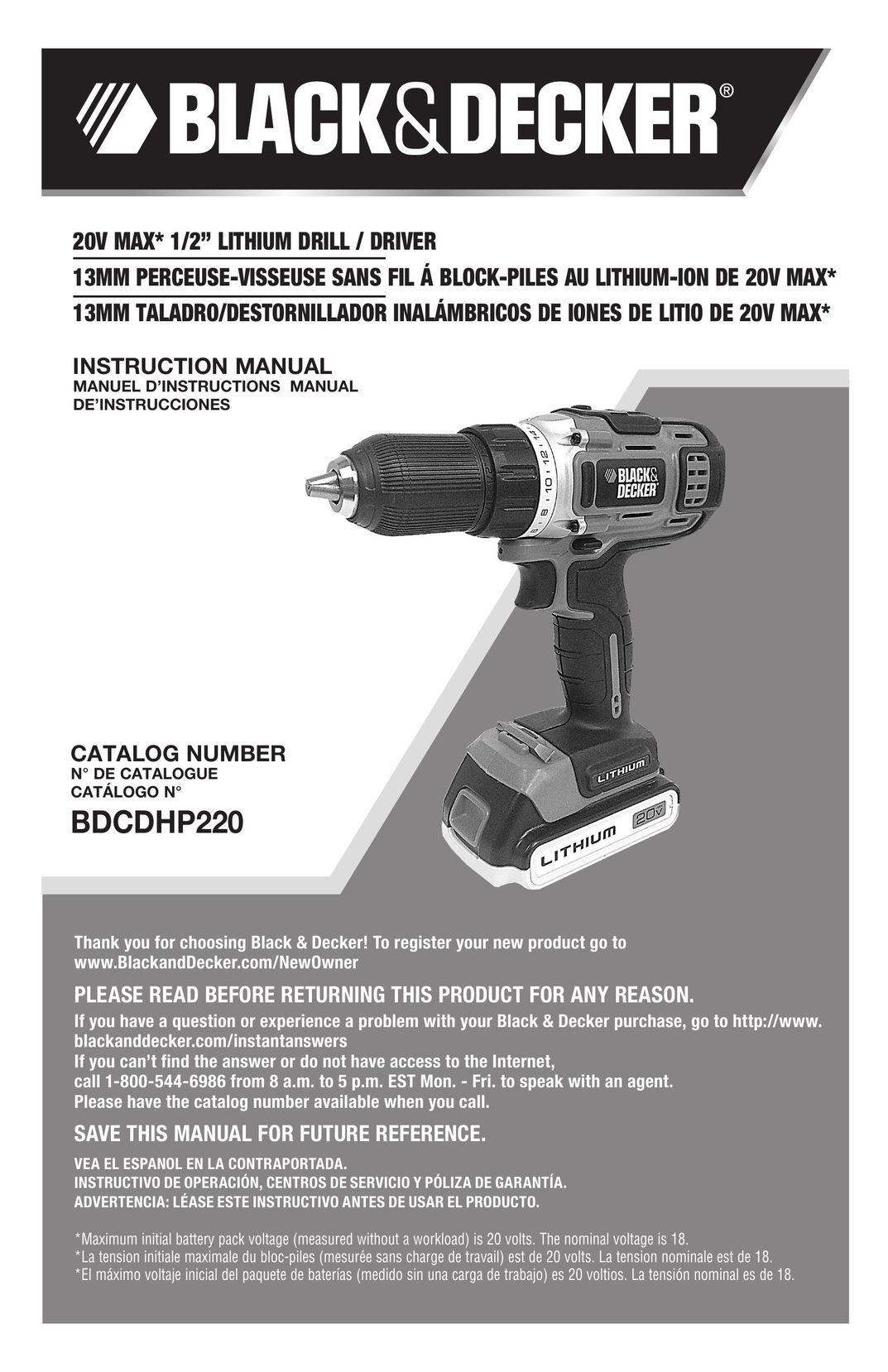 Black & Decker BDCDHP220 Cordless Drill User Manual