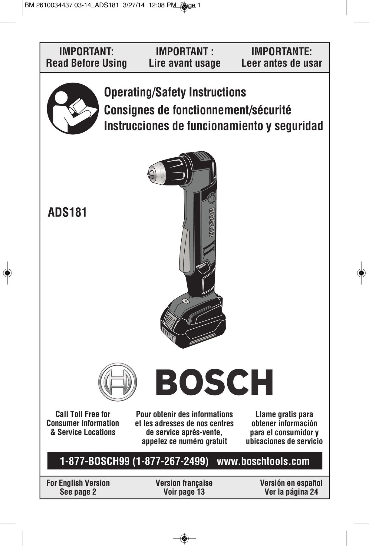 Bosch Power Tools ADS181B Cordless Drill User Manual