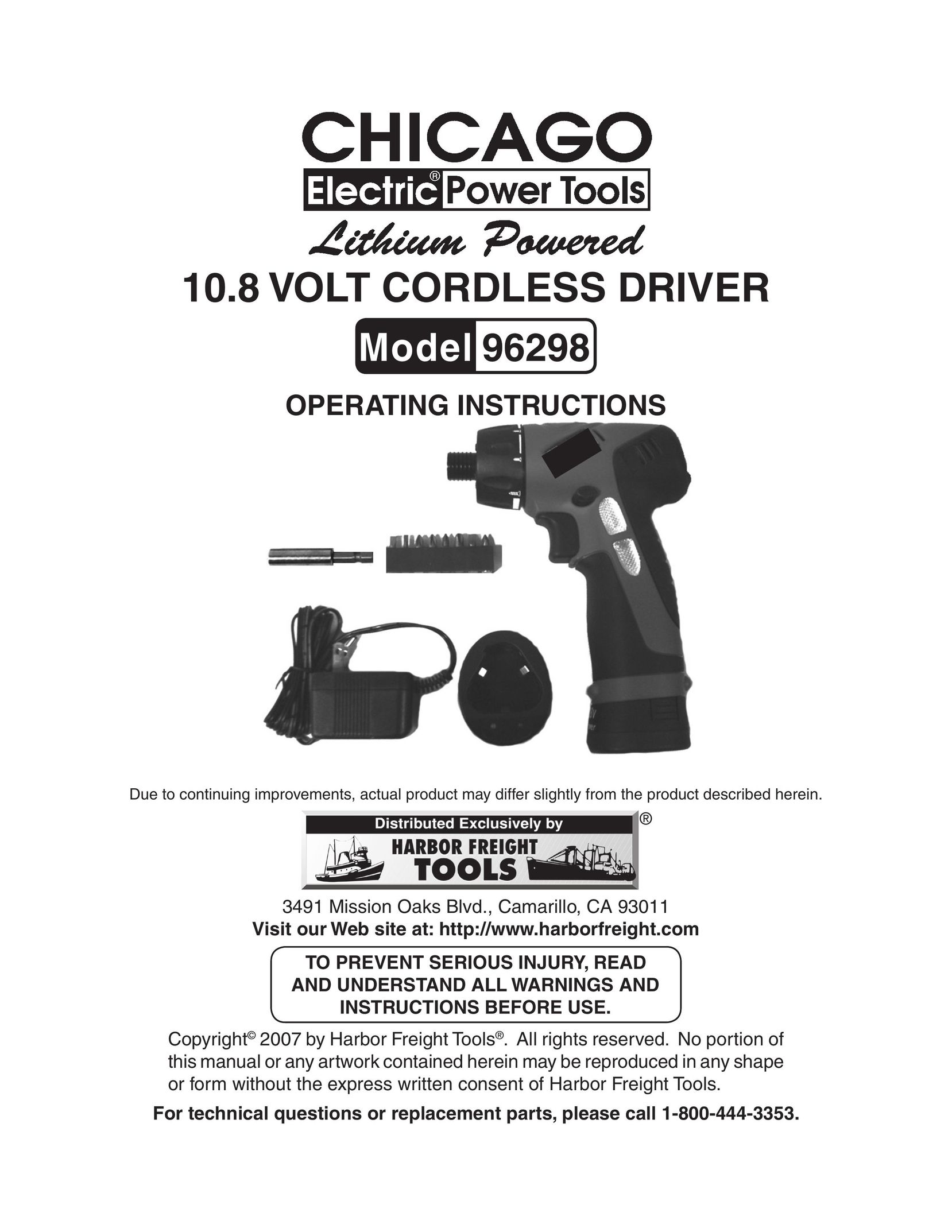 Chicago Electric 96298 Cordless Drill User Manual