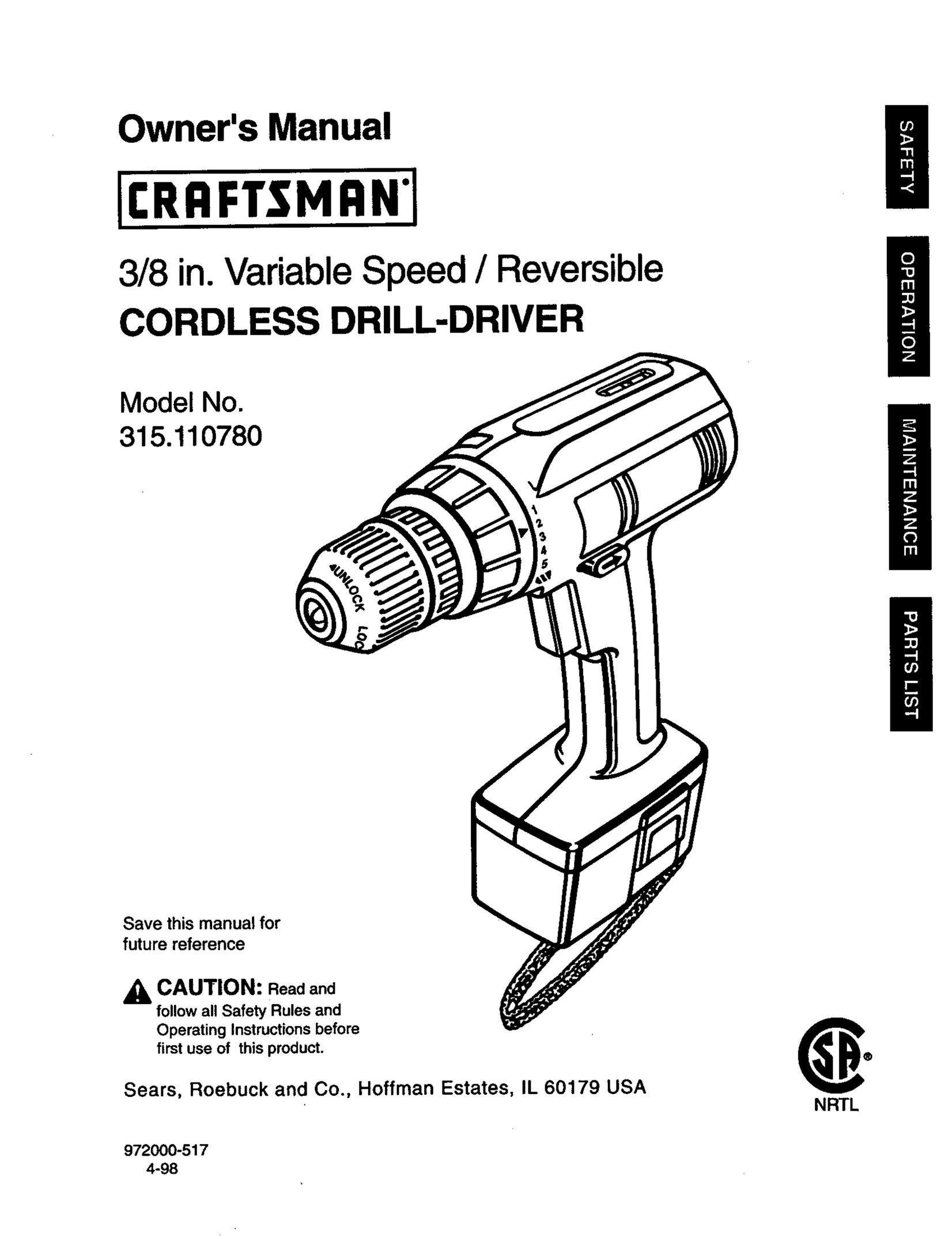 Craftsman 315.11078 Cordless Drill User Manual