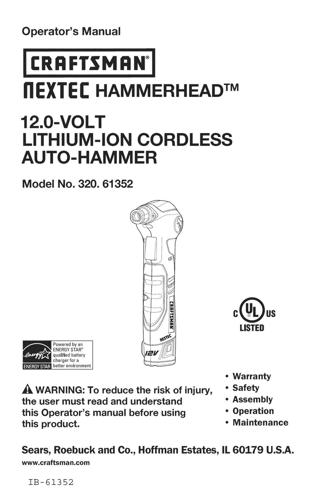 Craftsman 320. 61352 Cordless Drill User Manual