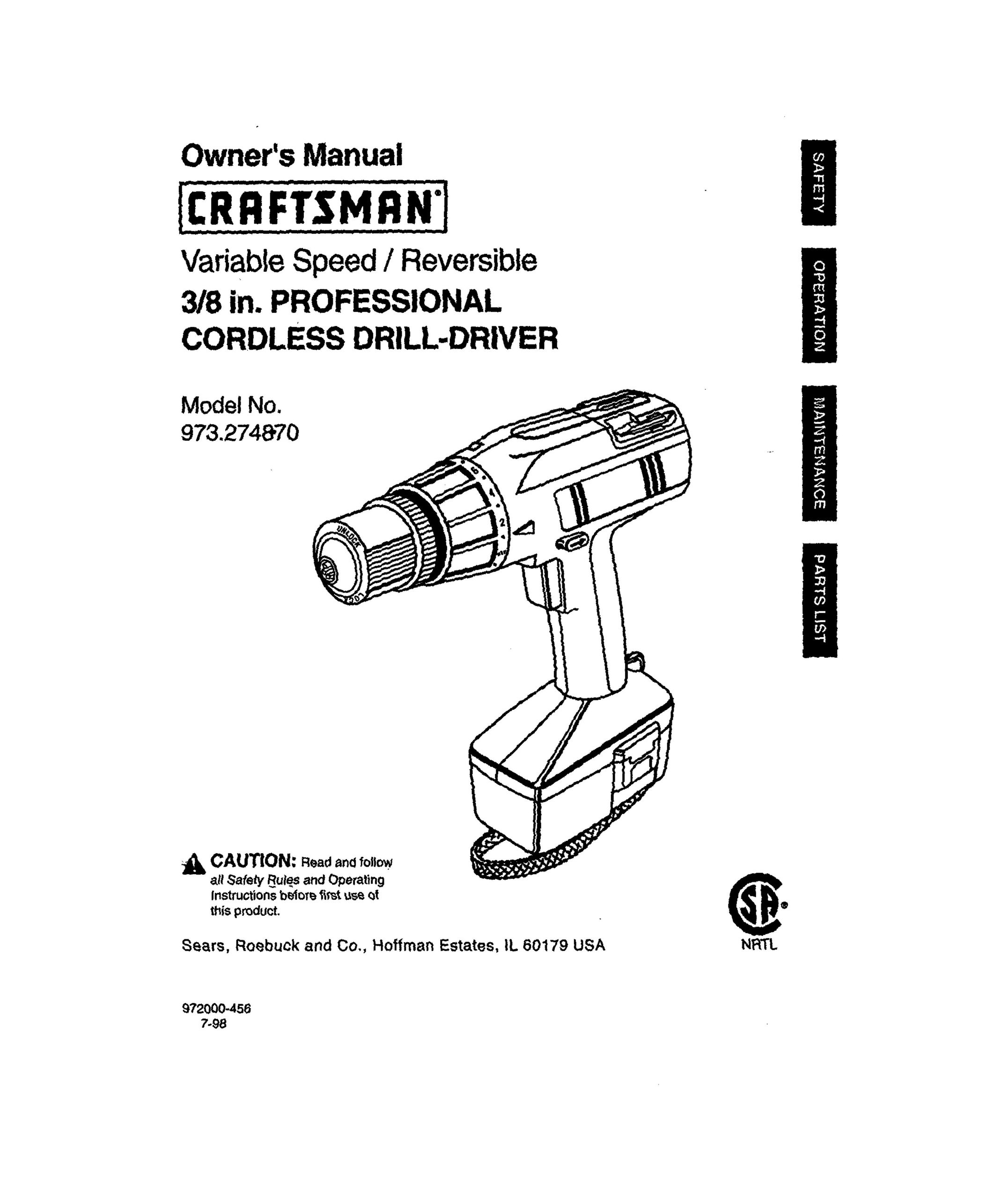 Craftsman 973.2748.70 Cordless Drill User Manual