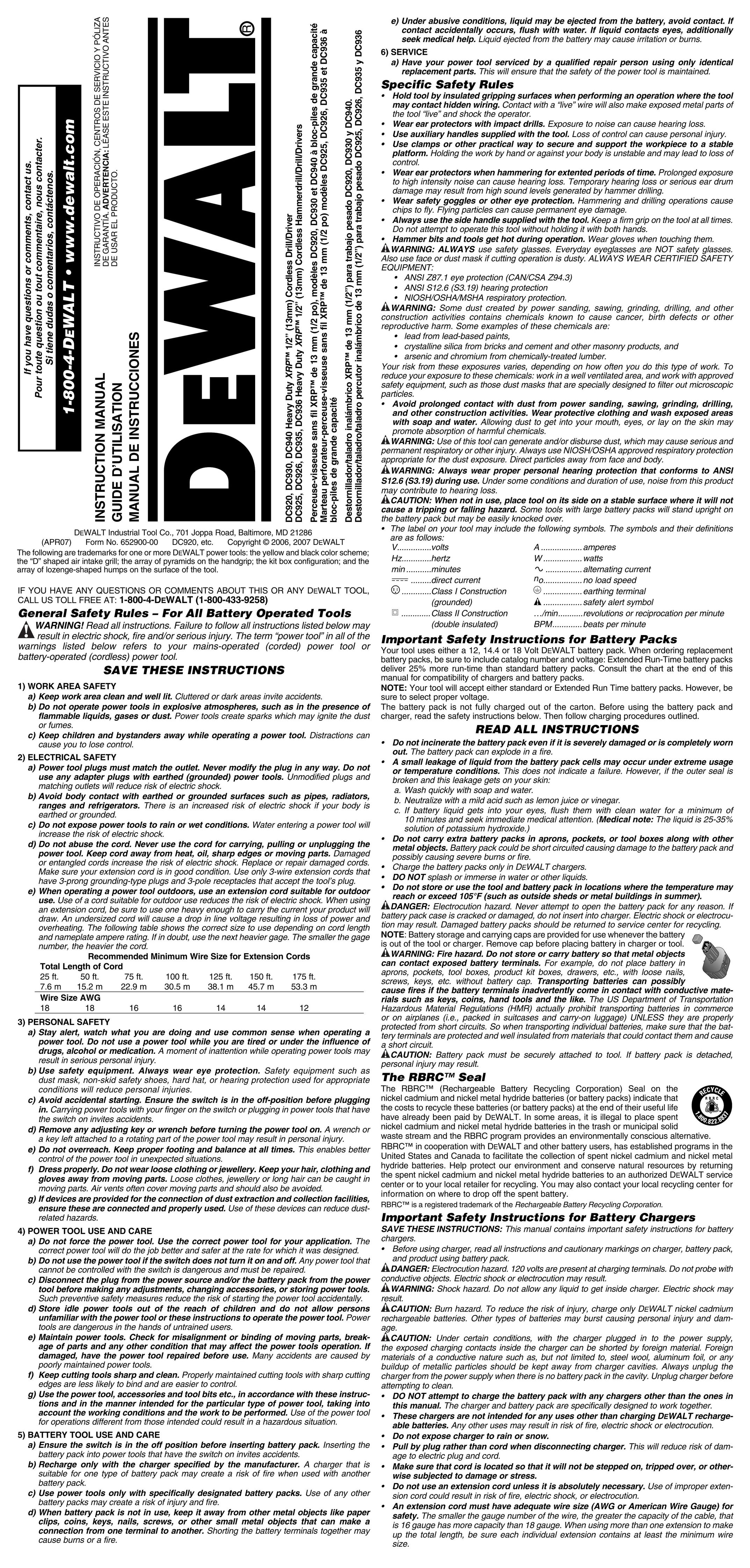 DeWalt DC920 Cordless Drill User Manual