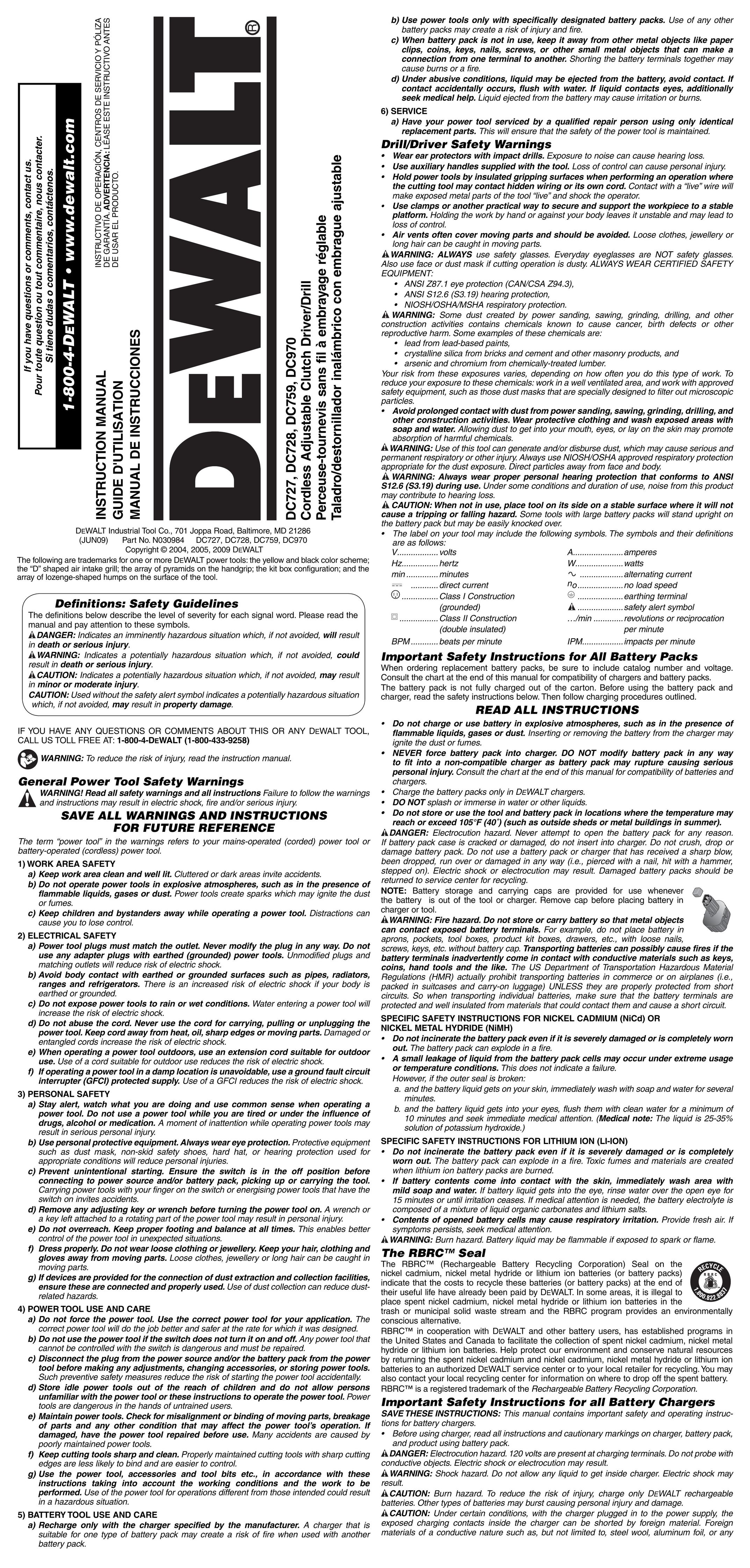 DeWalt DC970B Cordless Drill User Manual