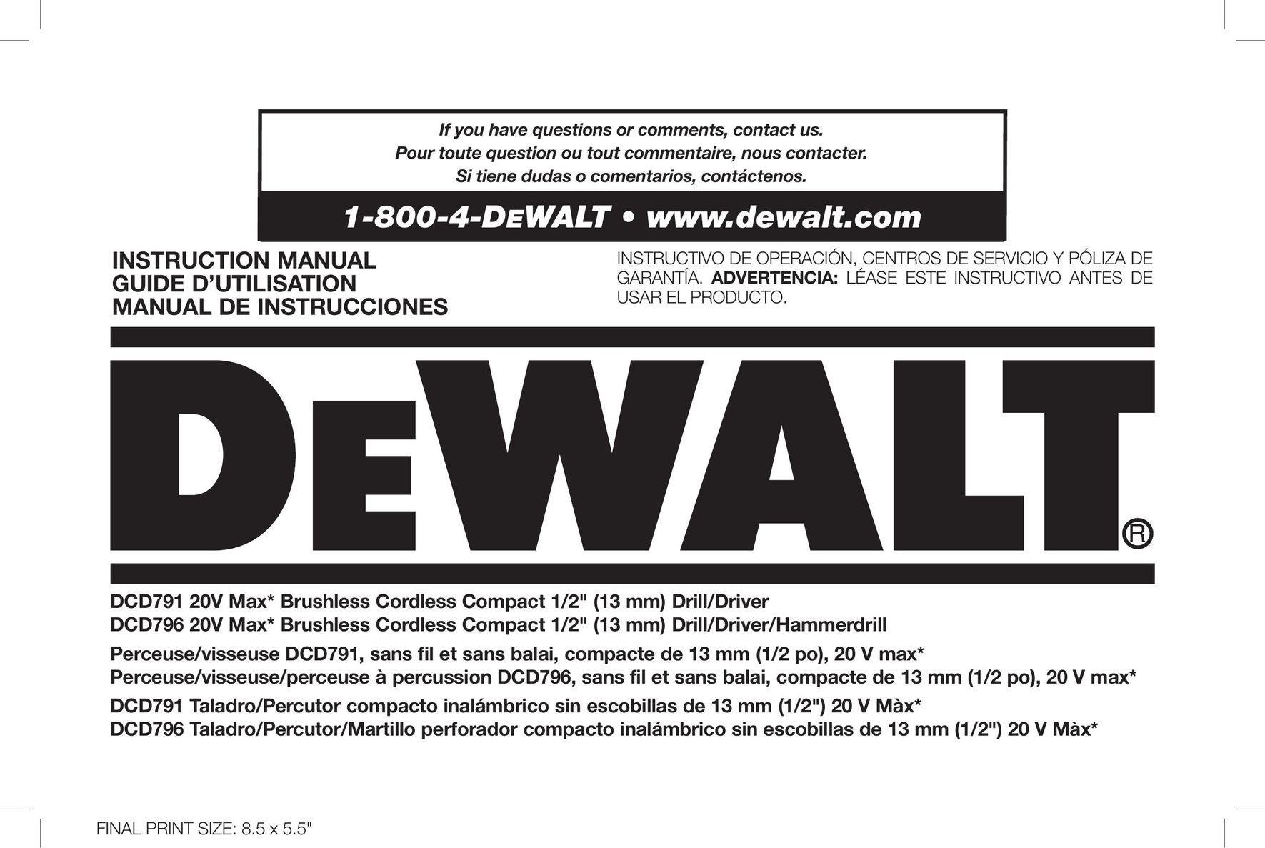 DeWalt DCD791D2 Cordless Drill User Manual