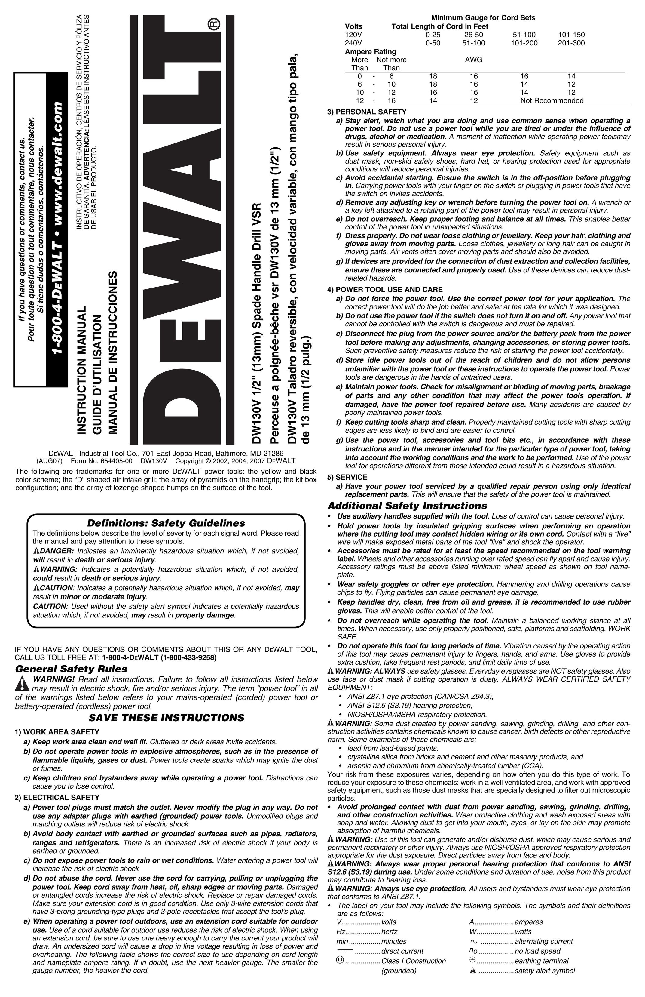 DeWalt DW130V Drill User Manual