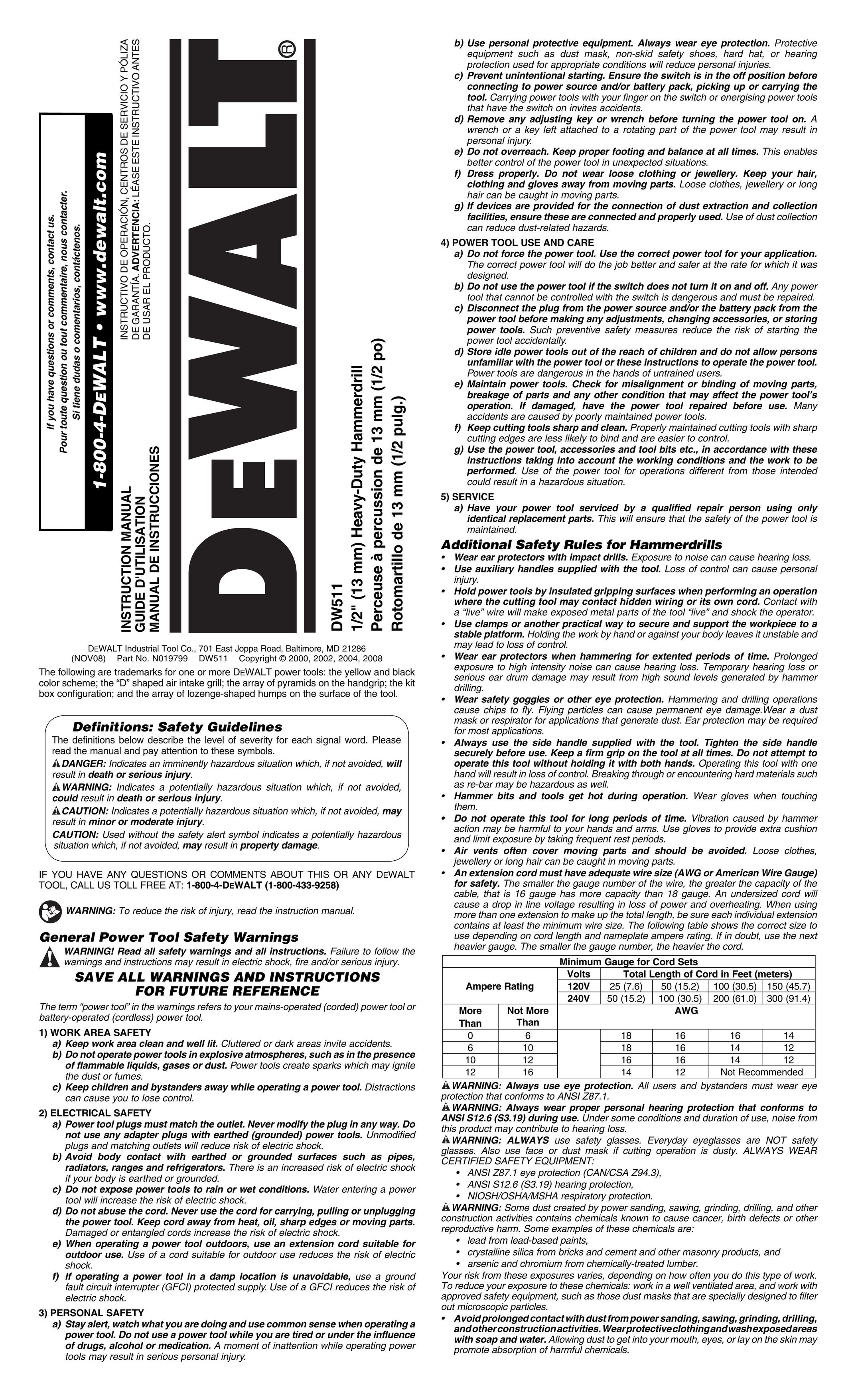 DeWalt DW511 Cordless Drill User Manual