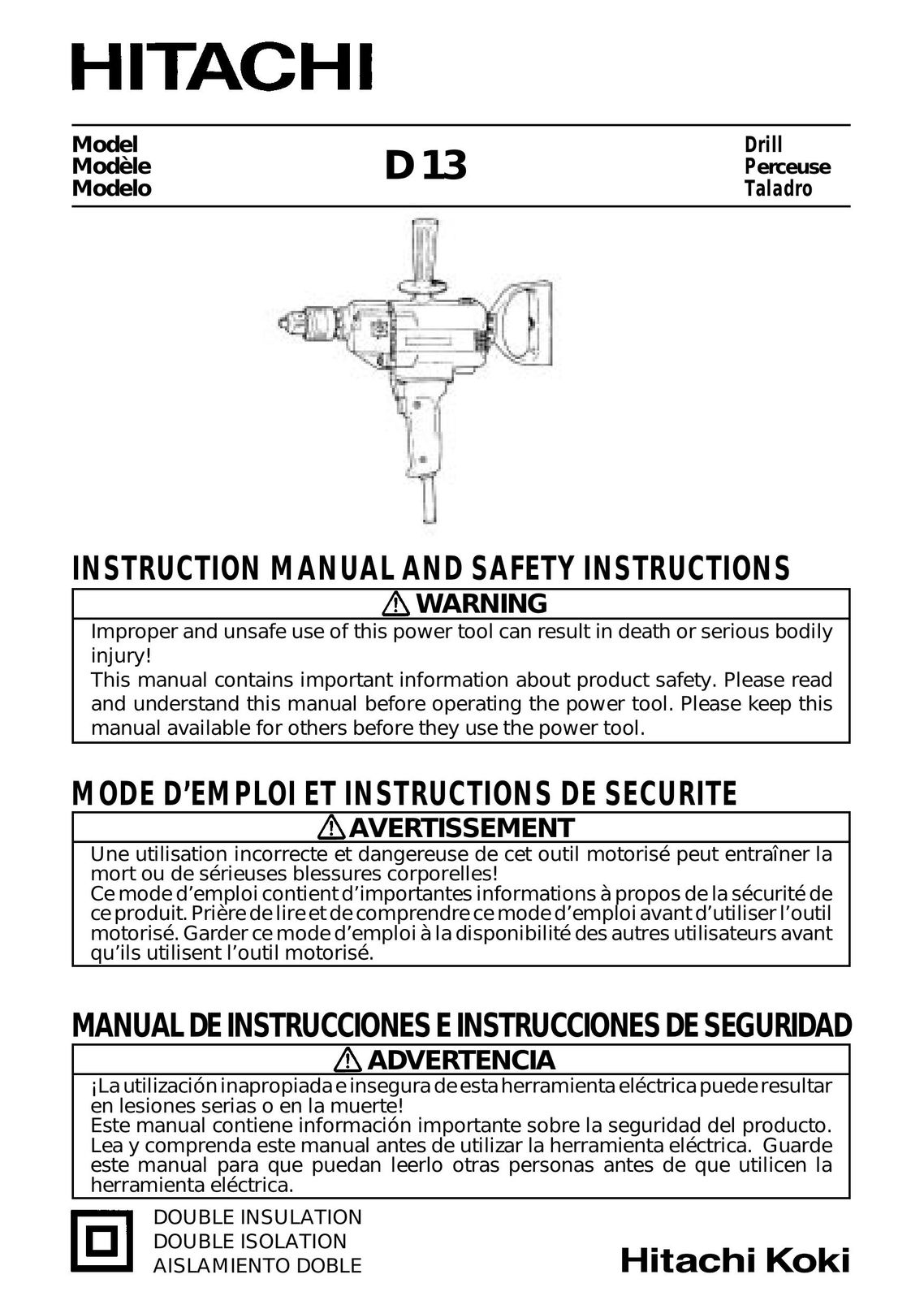 Hitachi D13 Cordless Drill User Manual