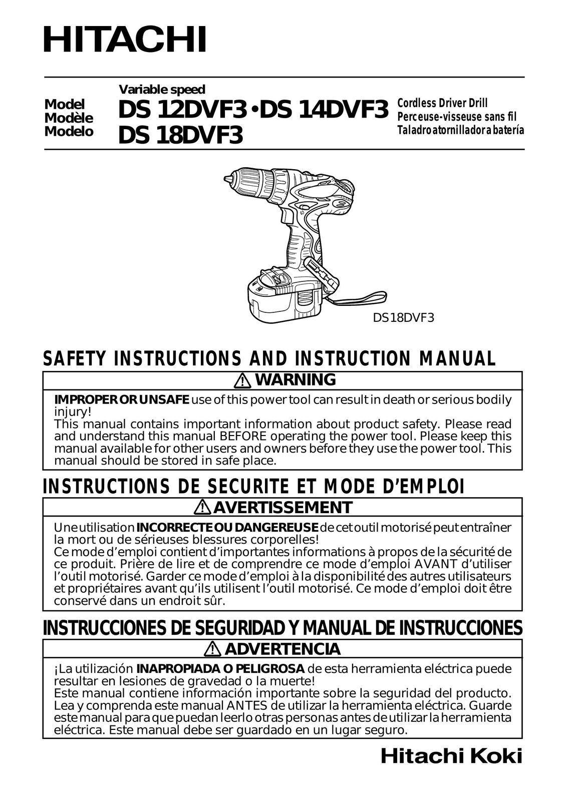 Hitachi DS 12DVF3 Cordless Drill User Manual
