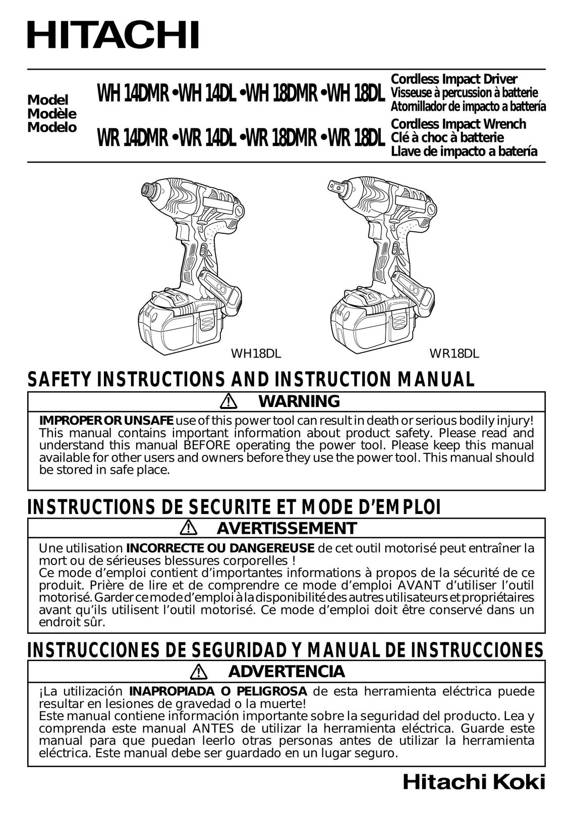 Hitachi WH18DL Cordless Drill User Manual
