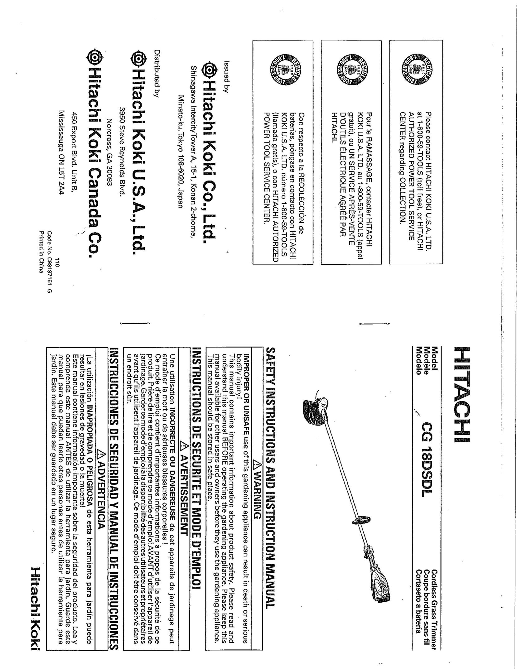 Hitachi Koki USA CG18DSDL Cordless Drill User Manual