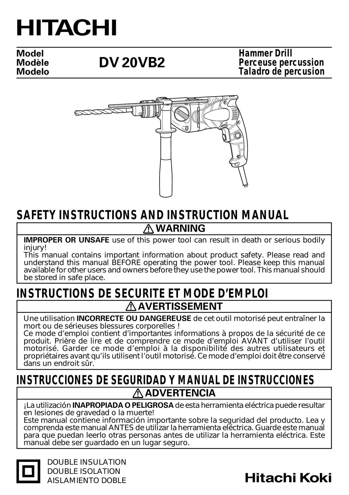 Hitachi Koki USA DV 20VB2 Cordless Drill User Manual