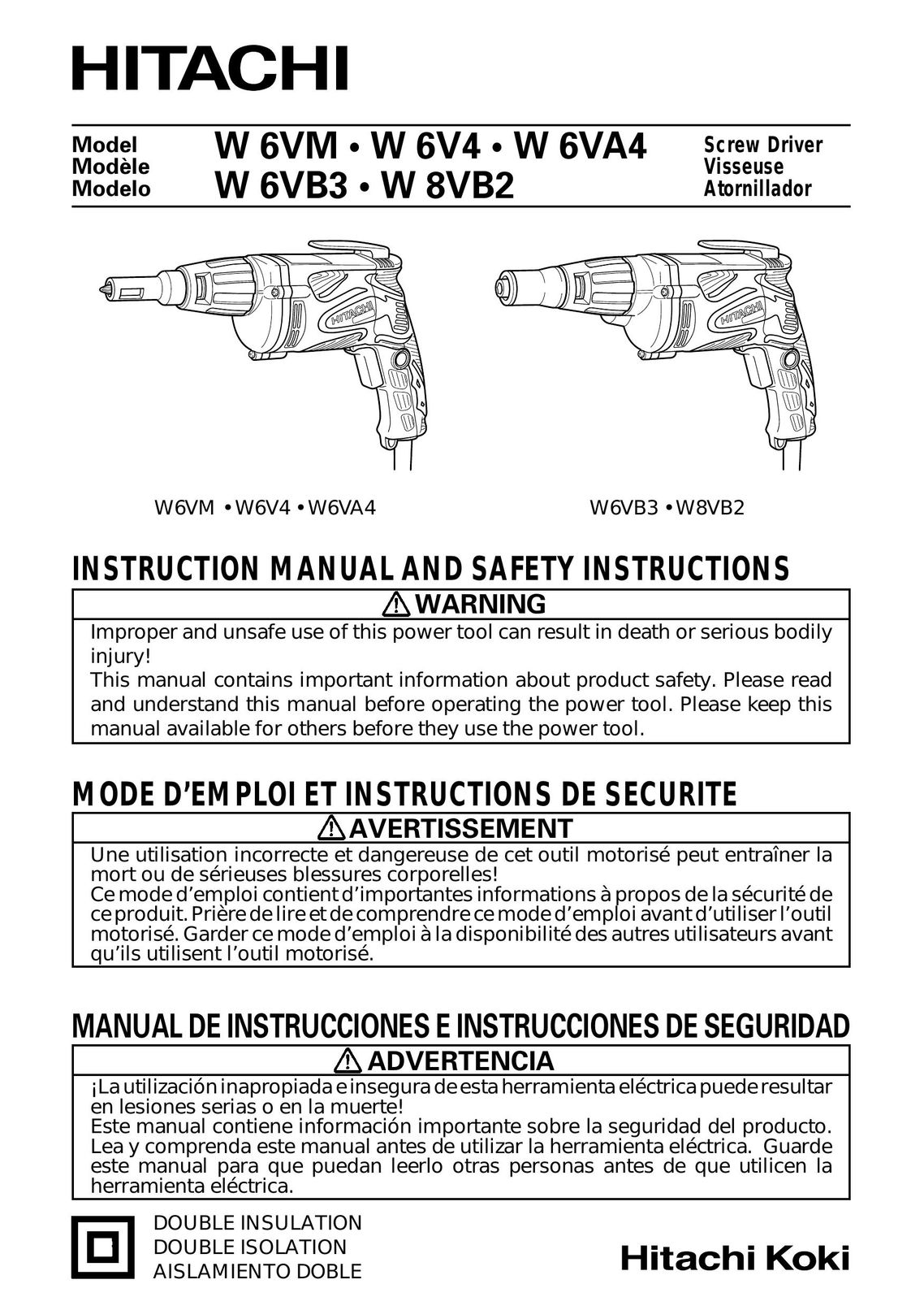 Hitachi Koki USA W6V4 Cordless Drill User Manual