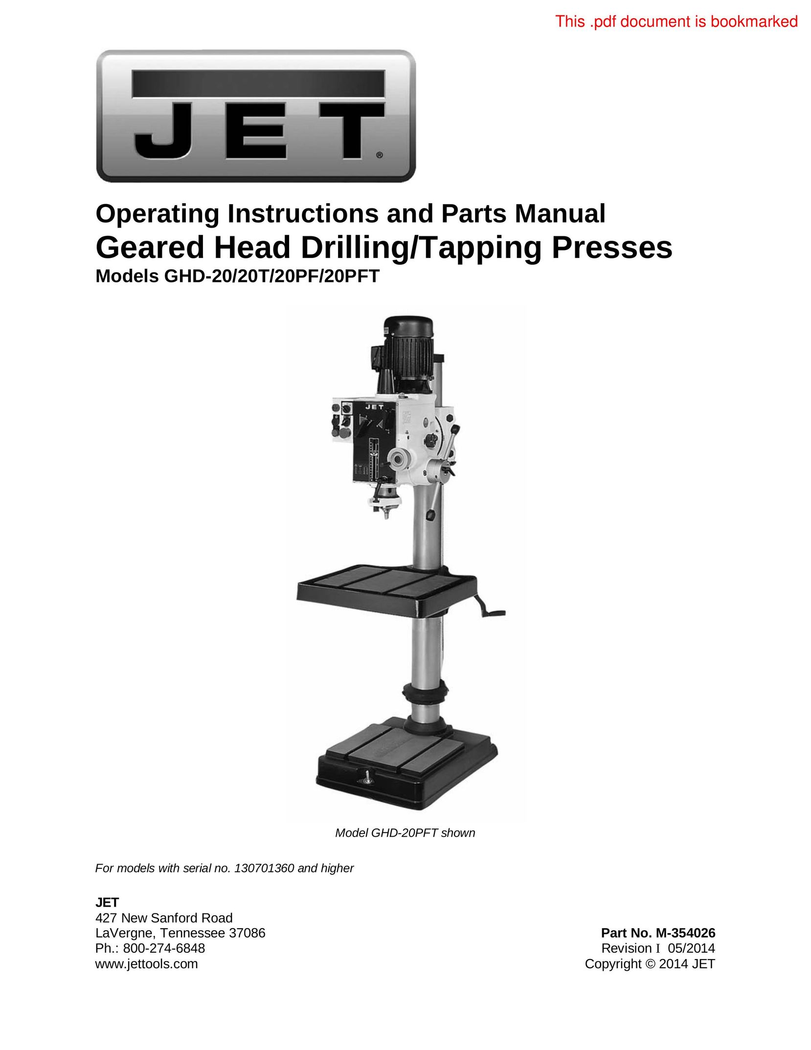 Jet Tools 20PF Cordless Drill User Manual