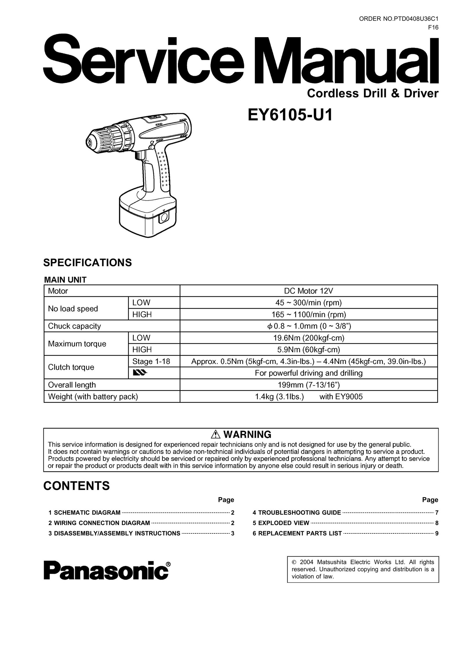 Panasonic EY6105-UI Cordless Drill User Manual