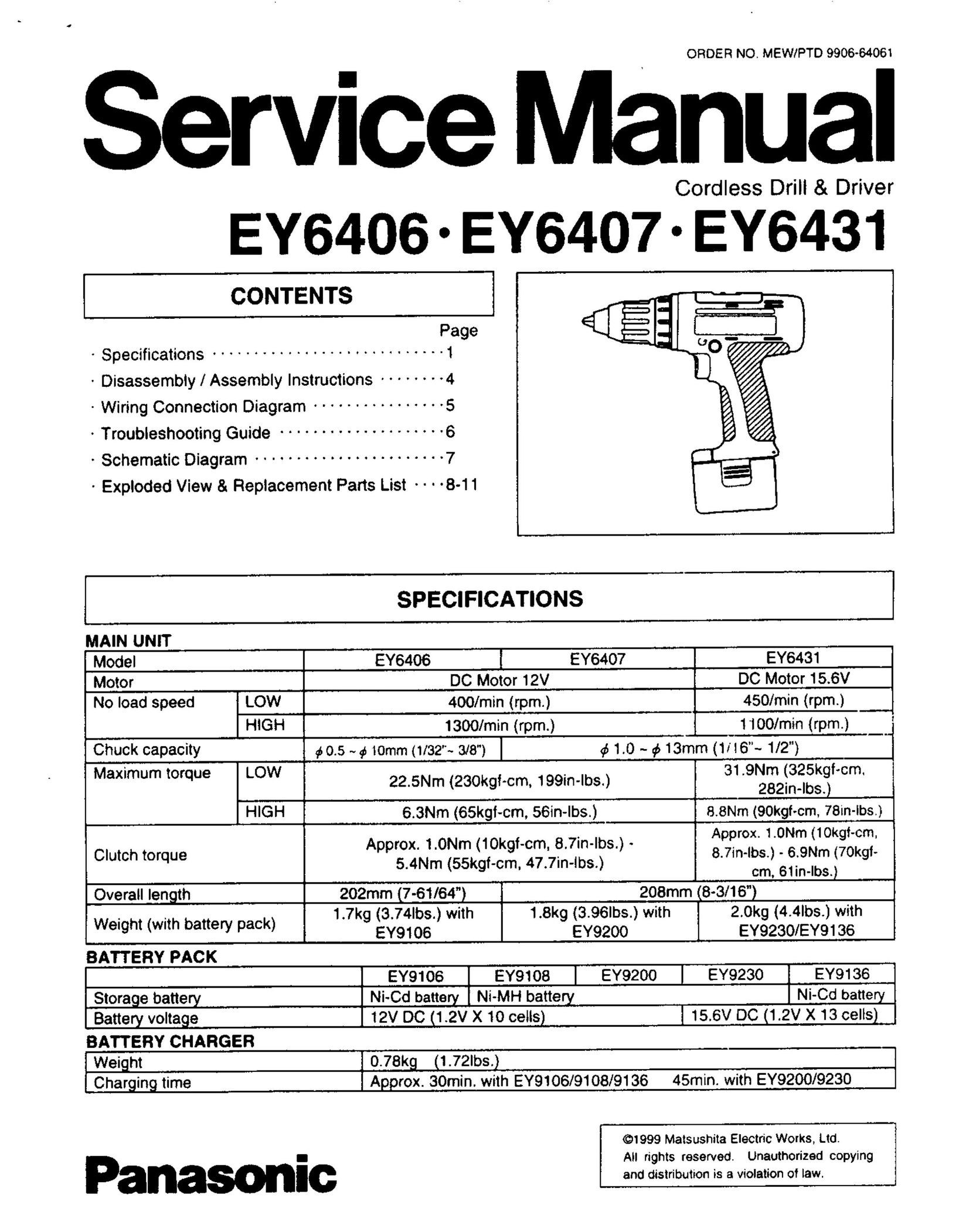 Panasonic EY6406 Cordless Drill User Manual