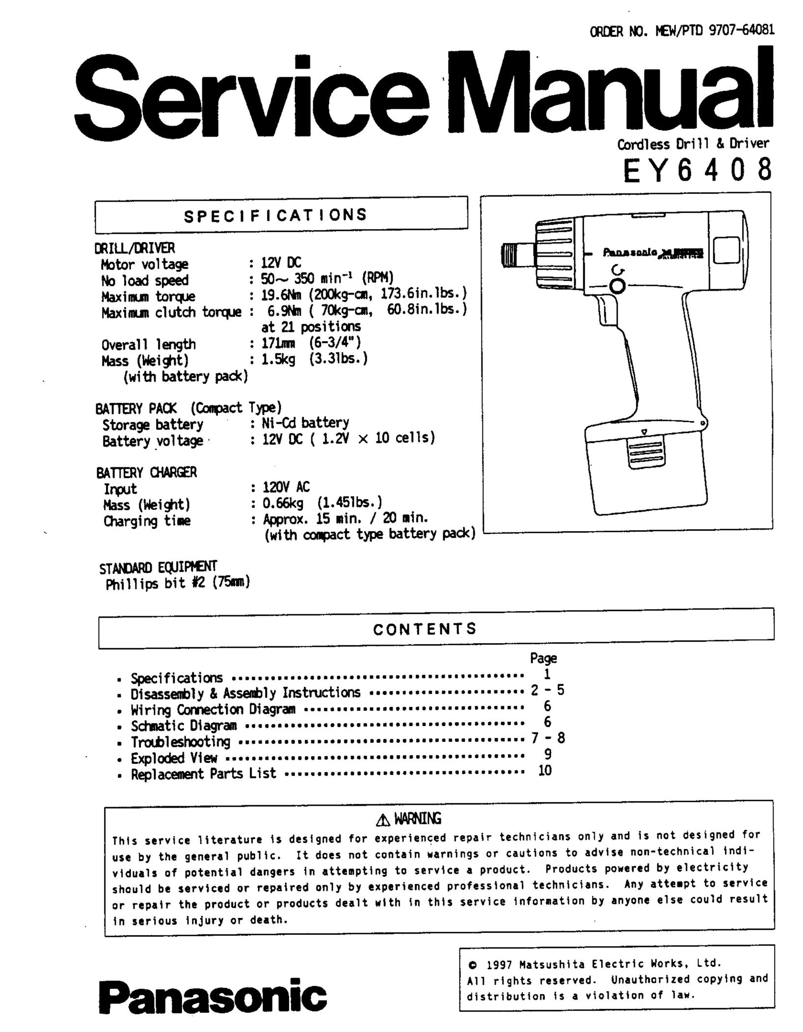 Panasonic EY6408 Cordless Drill User Manual
