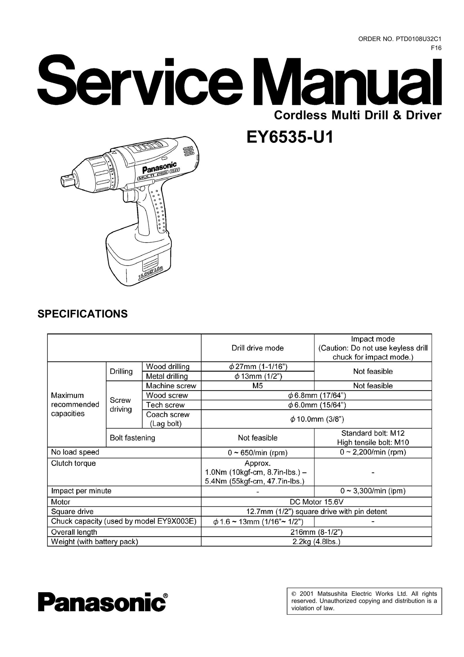 Panasonic EY6535-U1 Cordless Drill User Manual