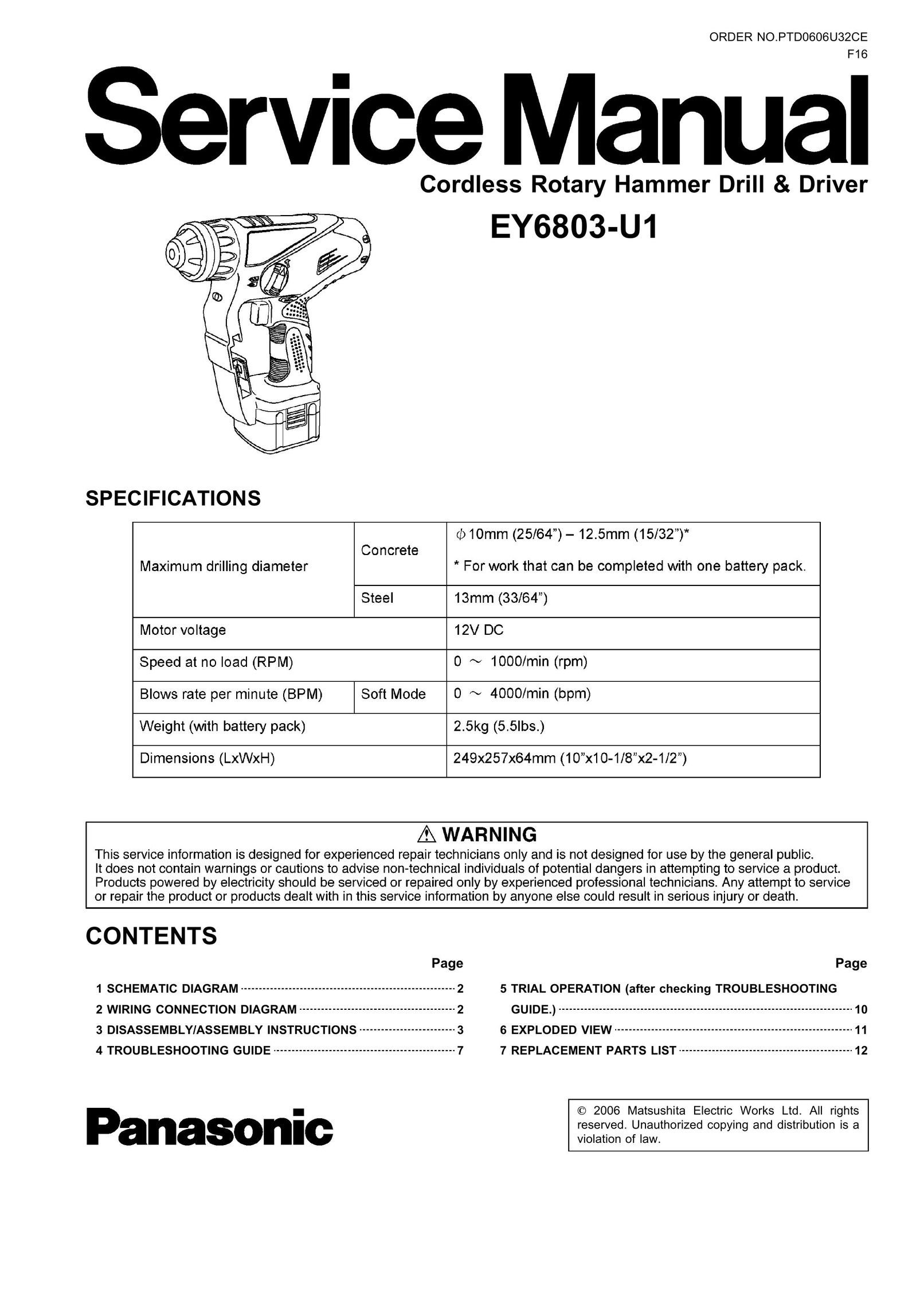 Panasonic Ey6803-U1 Cordless Drill User Manual