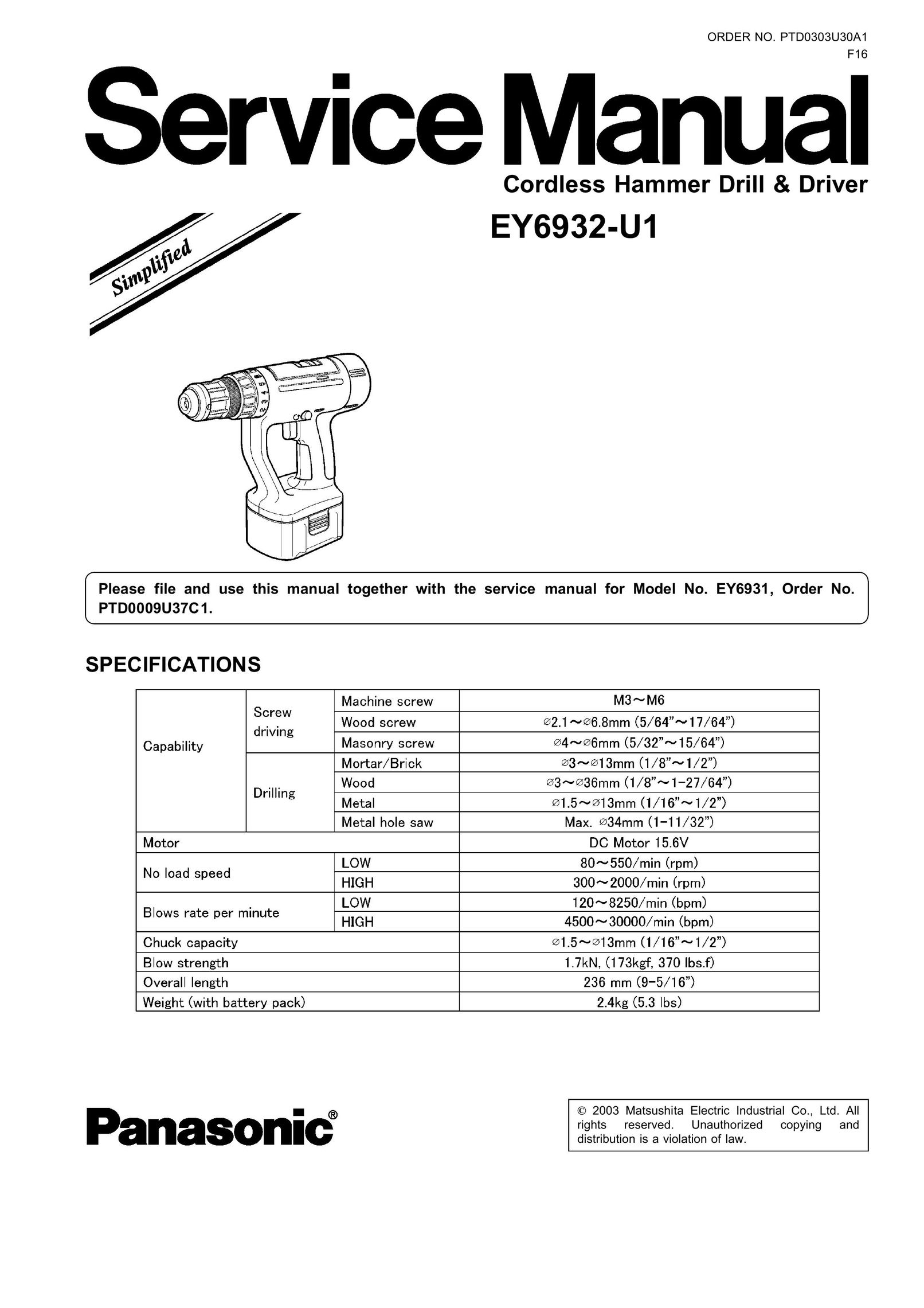 Panasonic EY6932-U1 Cordless Drill User Manual