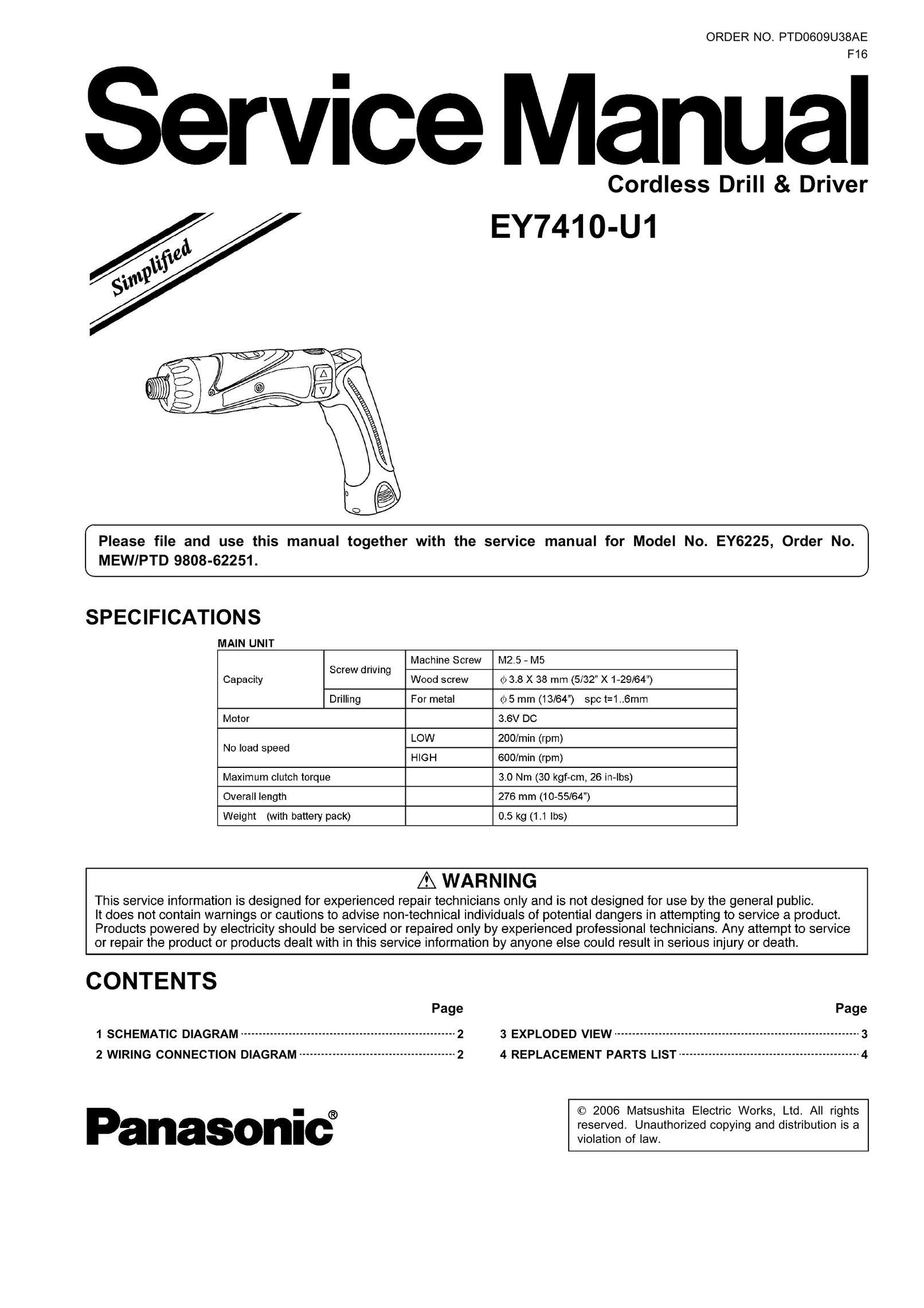 Panasonic EY7410-U1 Cordless Drill User Manual