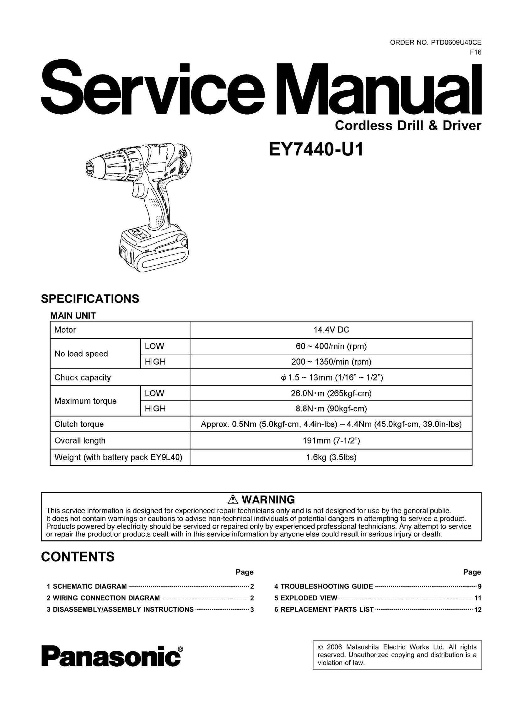 Panasonic EY7440-U1 Cordless Drill User Manual