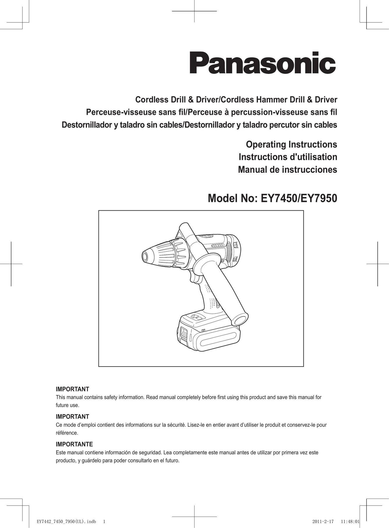 Panasonic EY7450 Cordless Drill User Manual