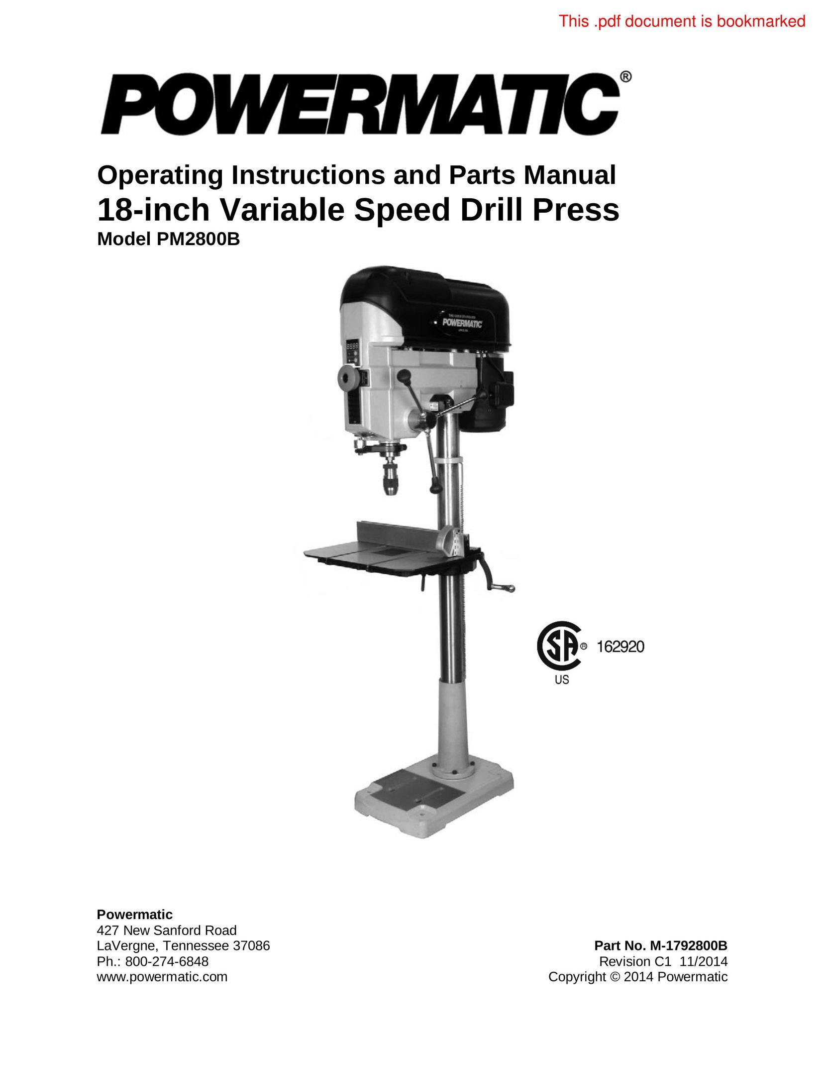 Powermatic PM2800B Cordless Drill User Manual