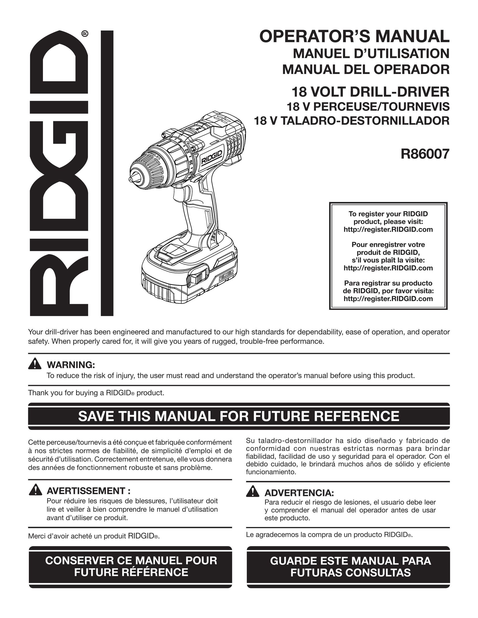 RIDGID R86007 Cordless Drill User Manual