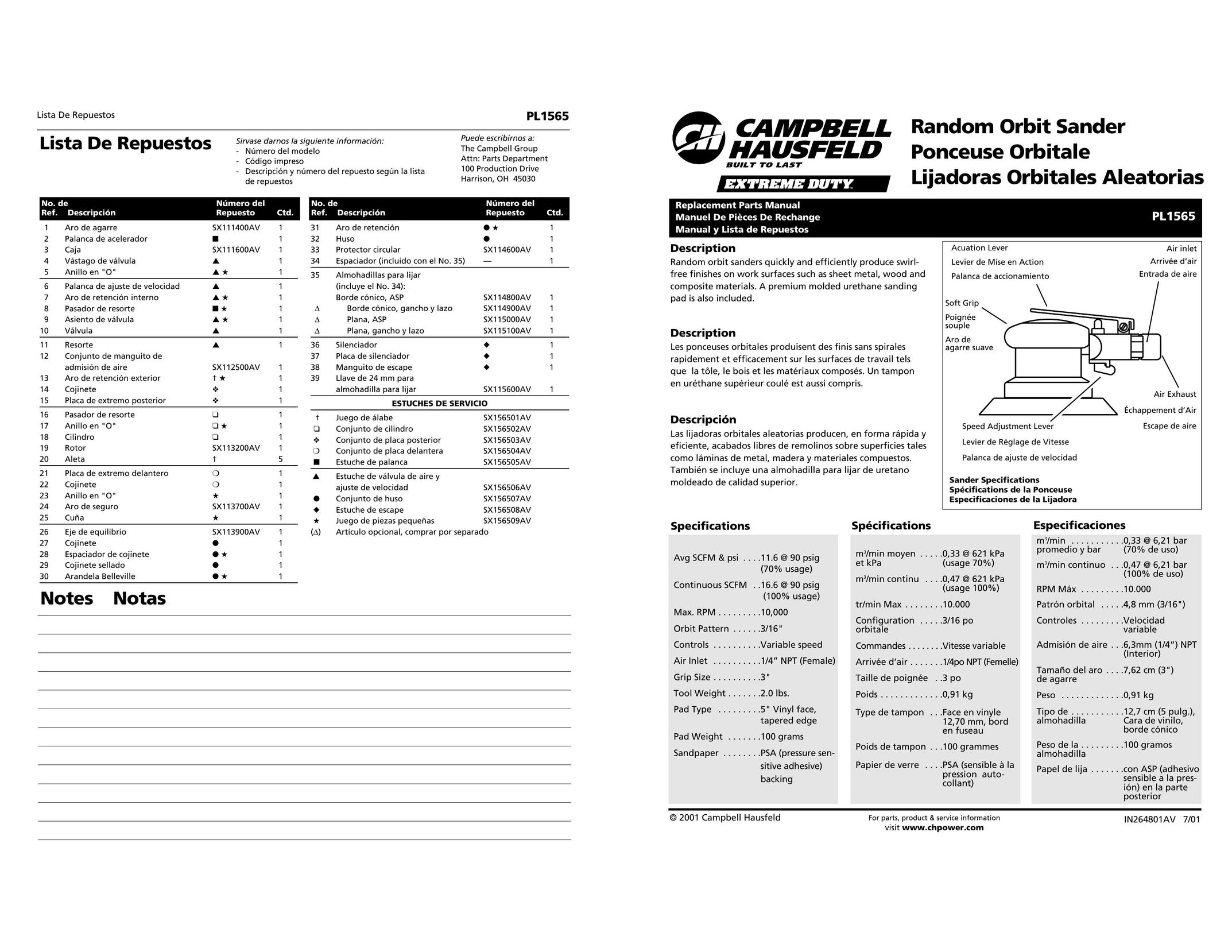Campbell Hausfeld PL1565 Cordless Sander User Manual