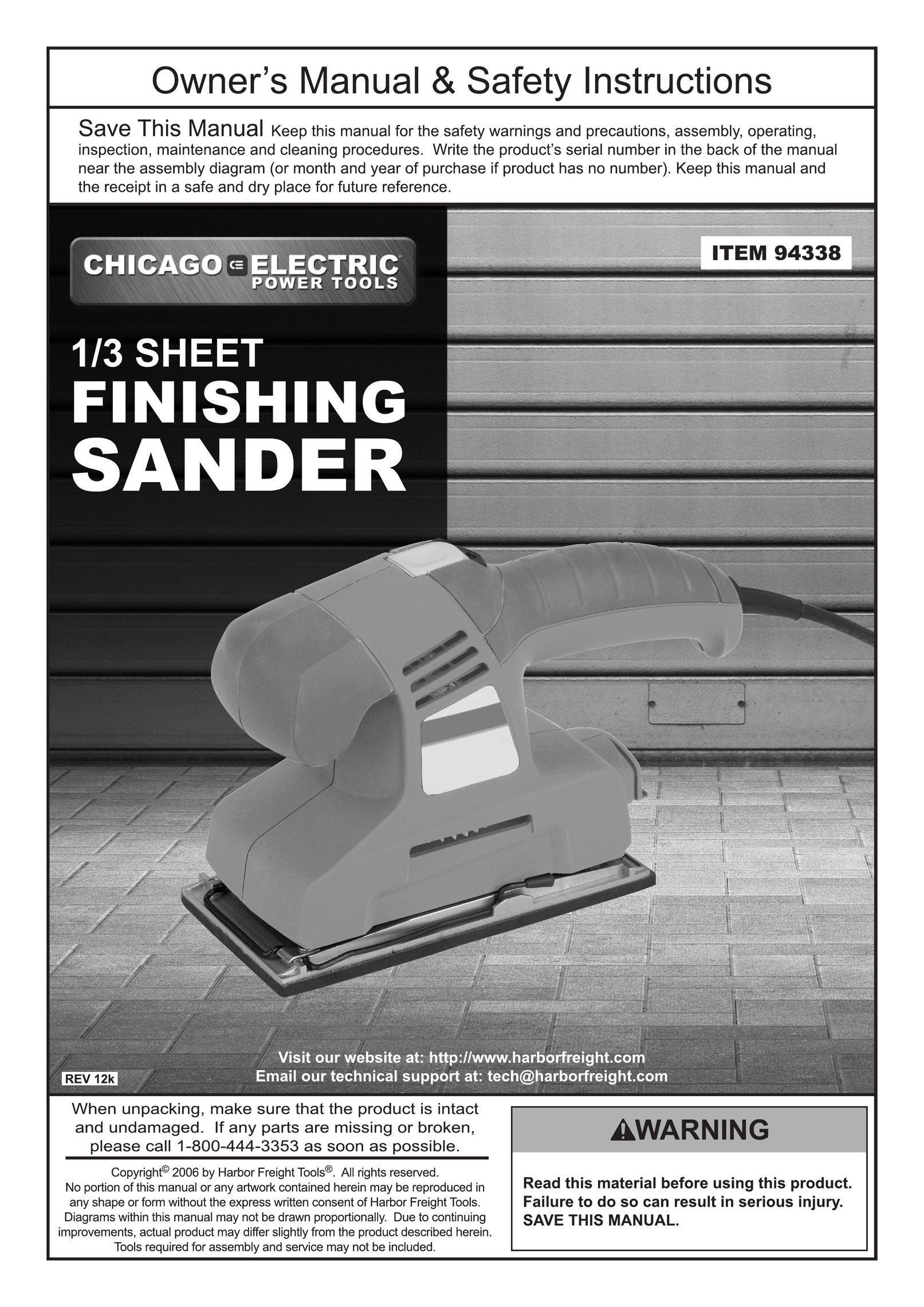Chicago Electric 94338 Cordless Sander User Manual