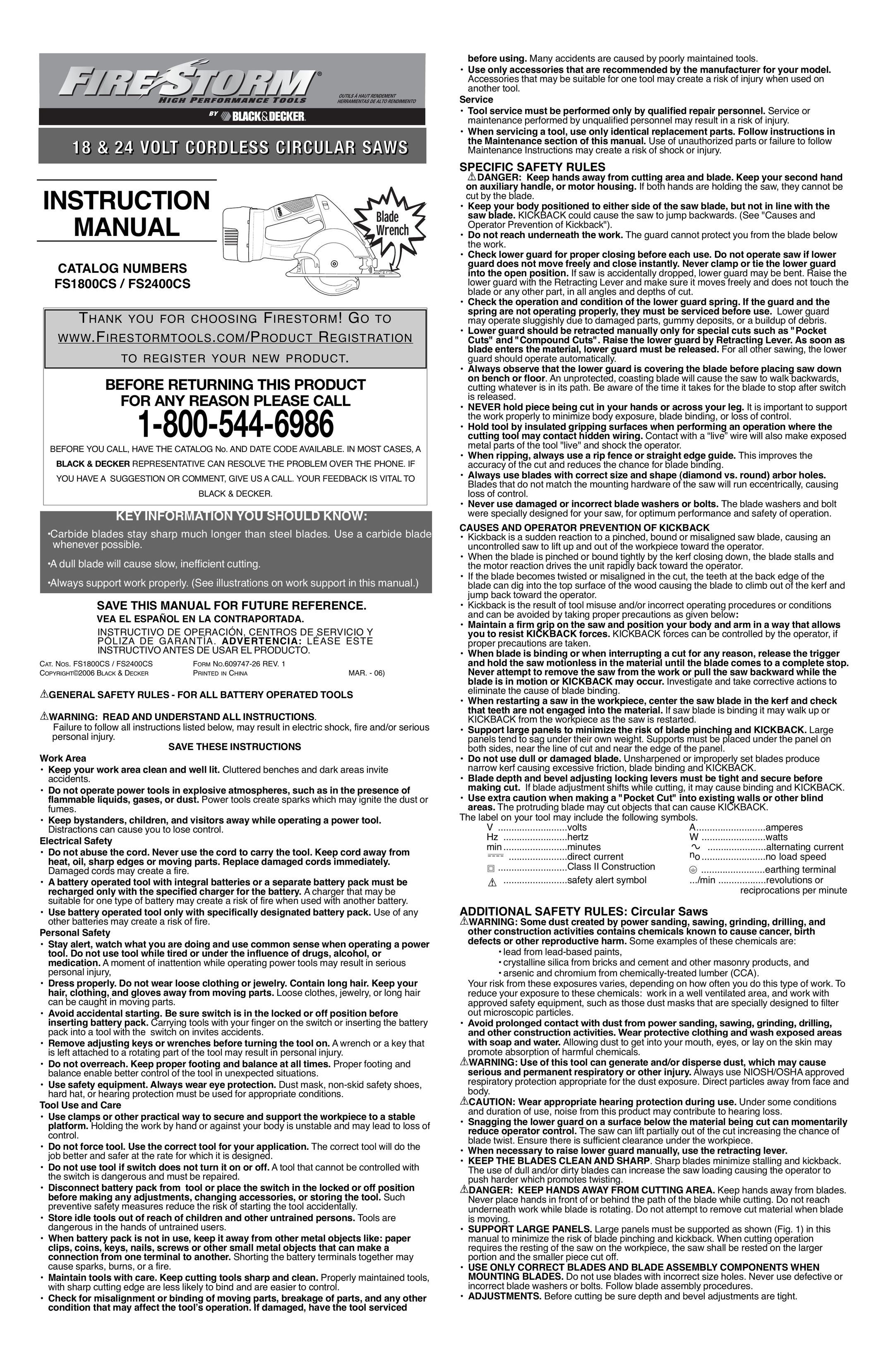Black & Decker 609747-26 Cordless Saw User Manual