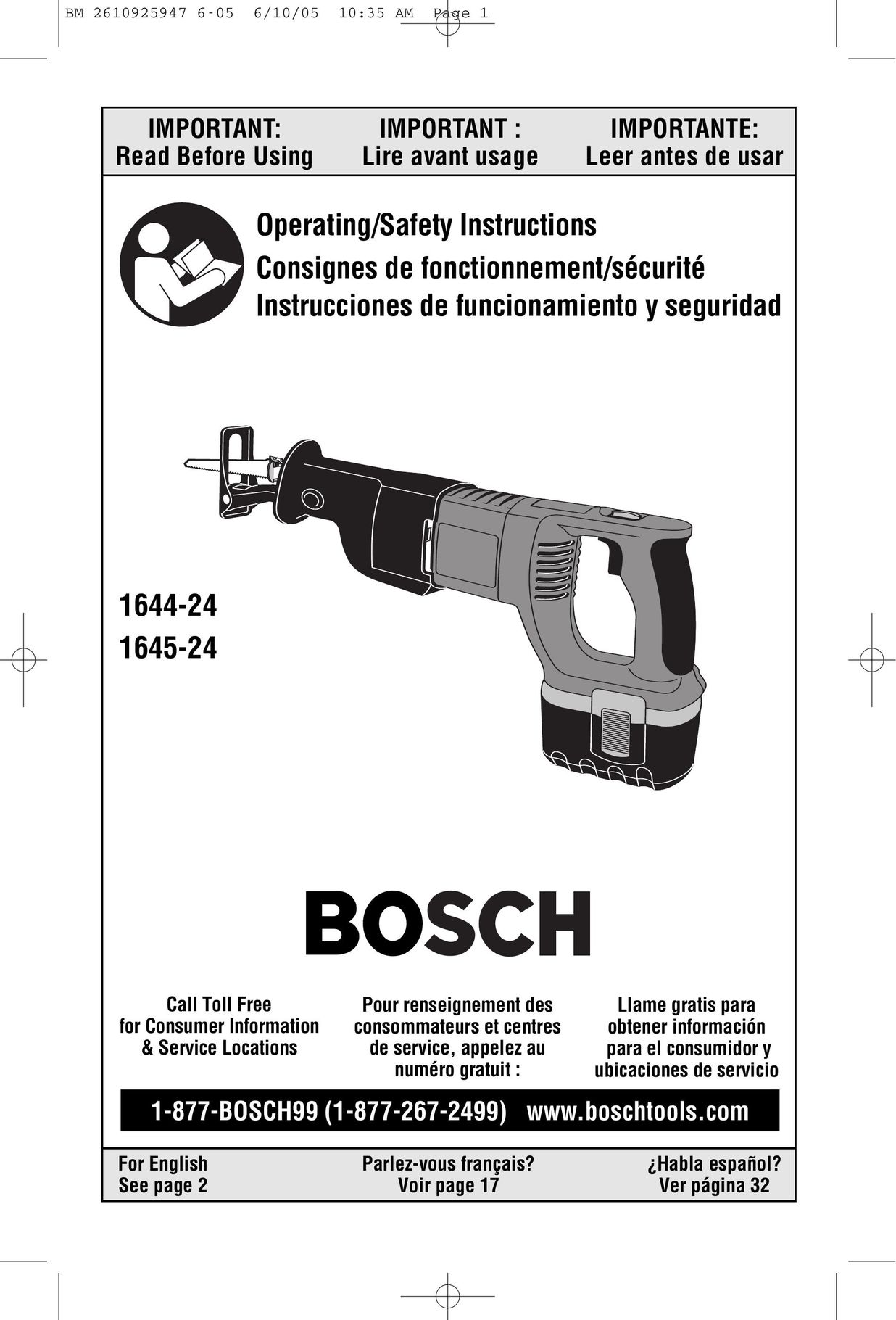 Bosch Power Tools 1644-24 Cordless Saw User Manual