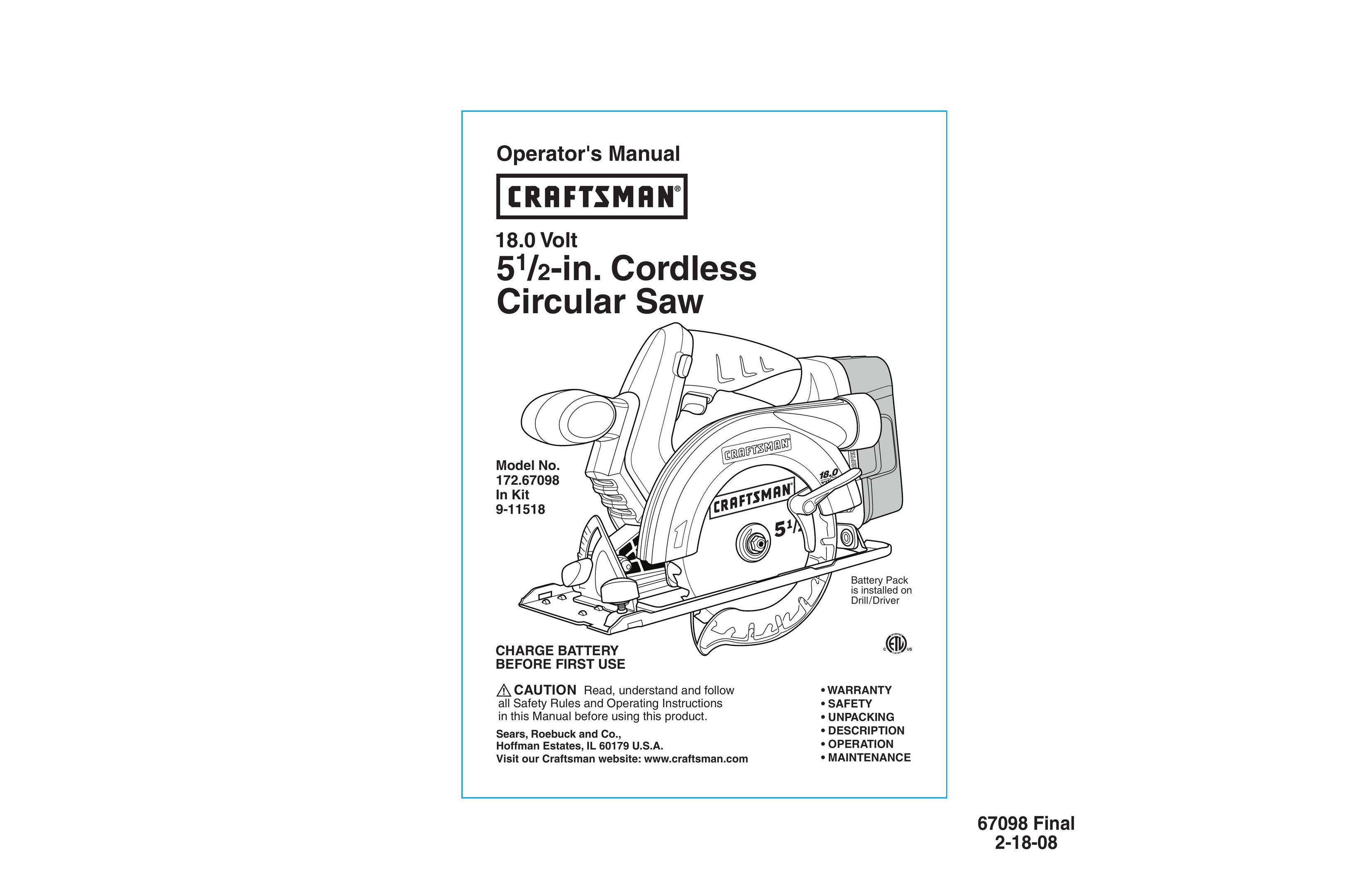 Craftsman 172.67098 Cordless Saw User Manual